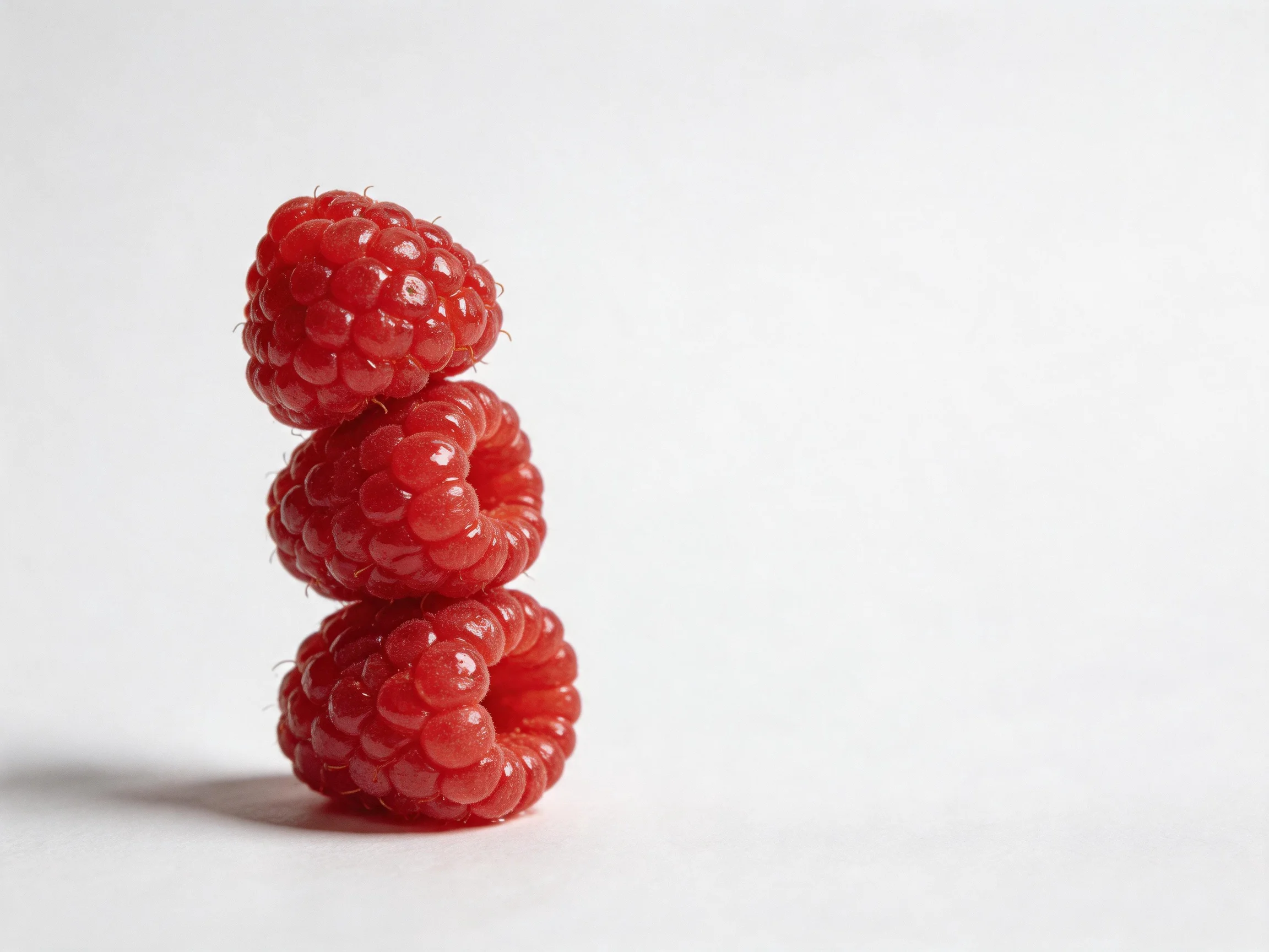 Three bright red raspberries stacked vertically on a white surface