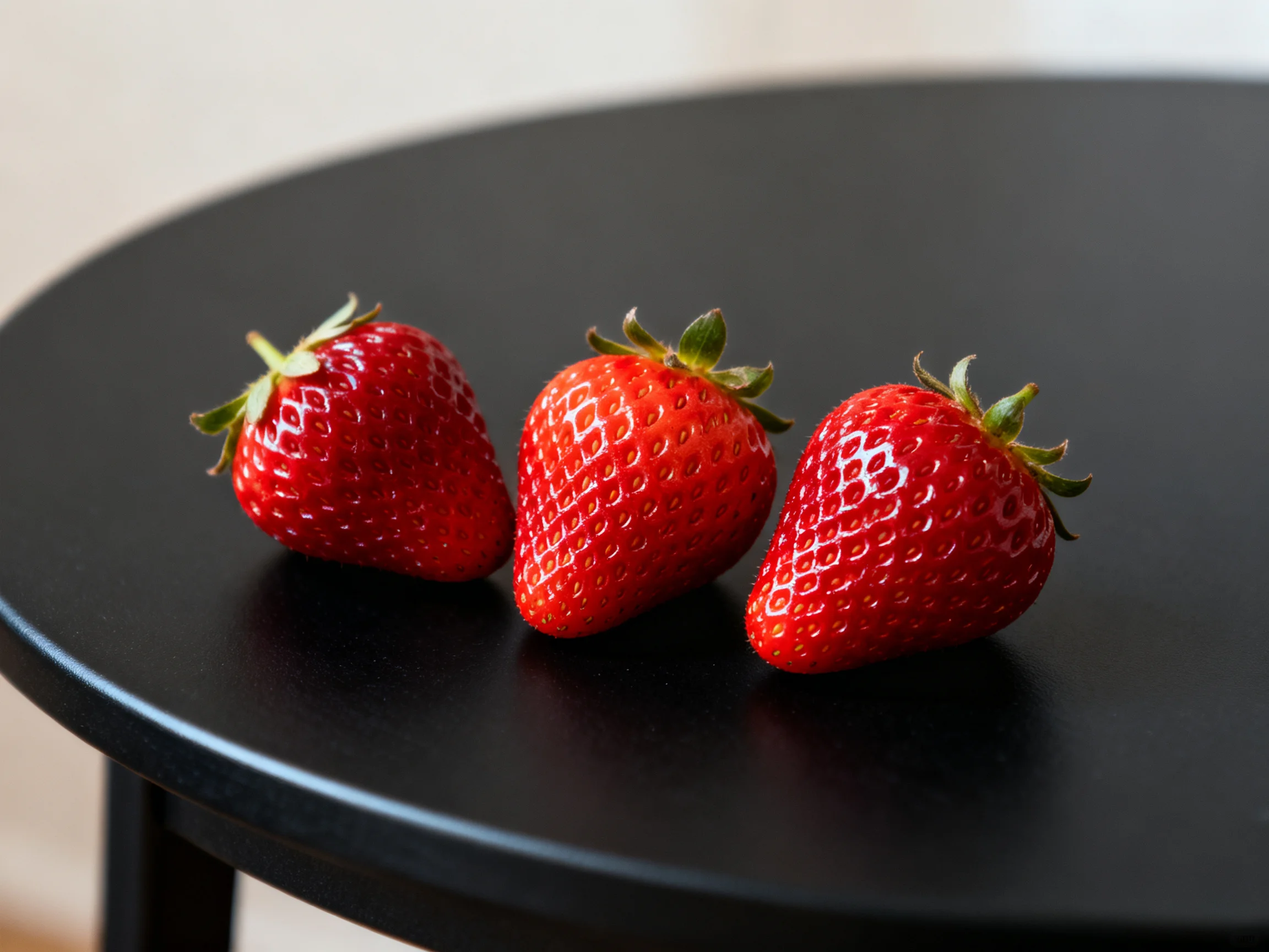 Three red strawberries rest on a black round table