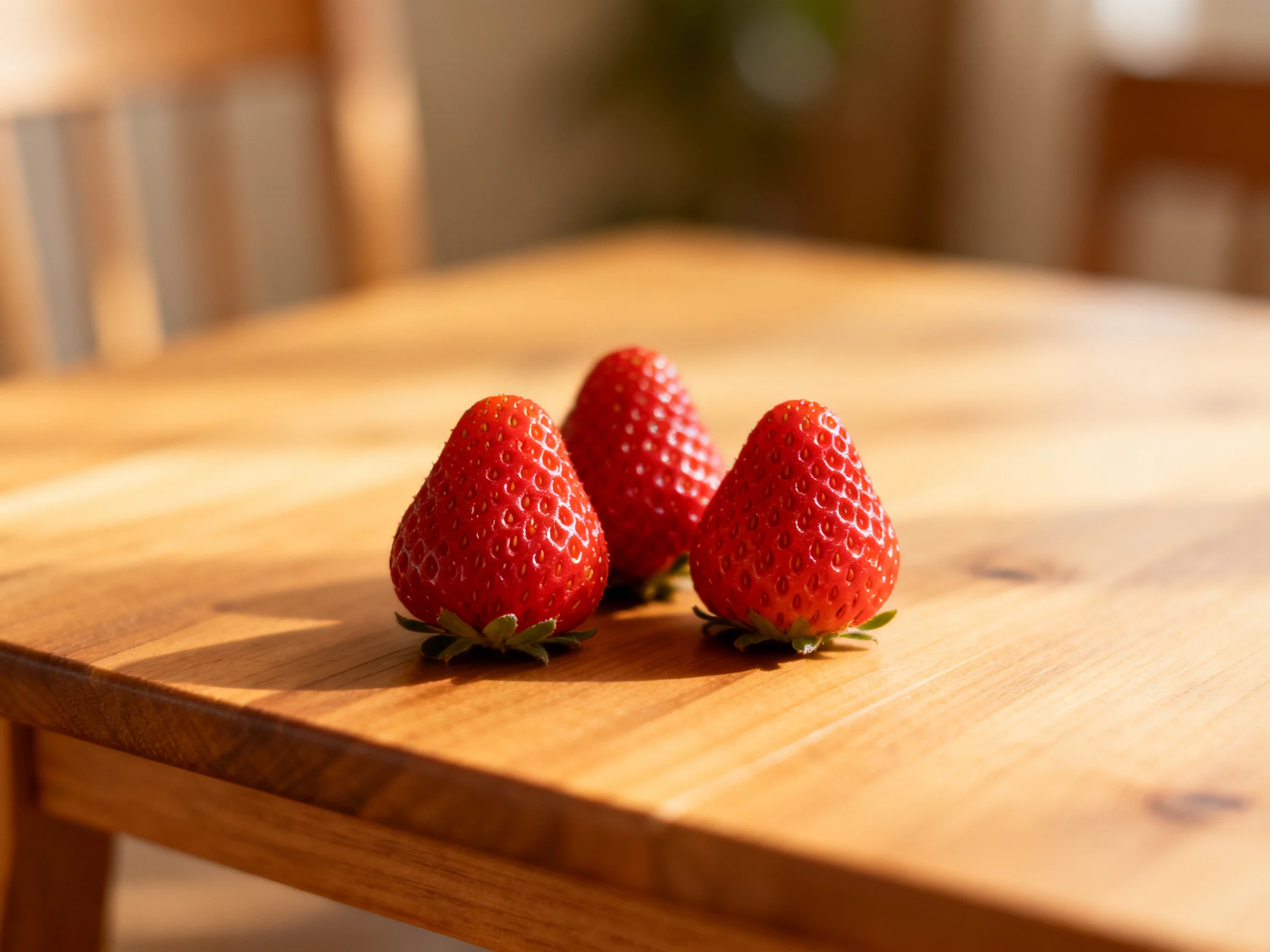Three bright red strawberries sit on a polished wooden table