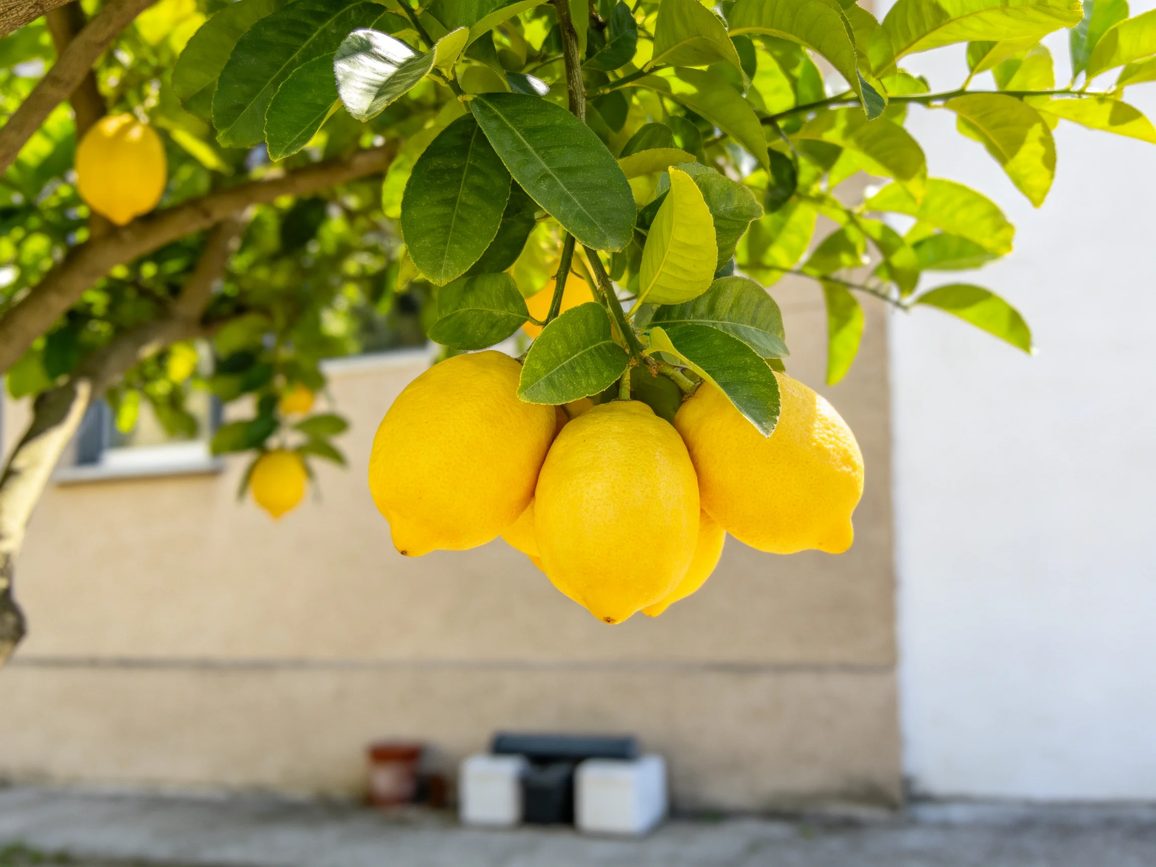Three bright yellow lemons hang from a lush lemon tree