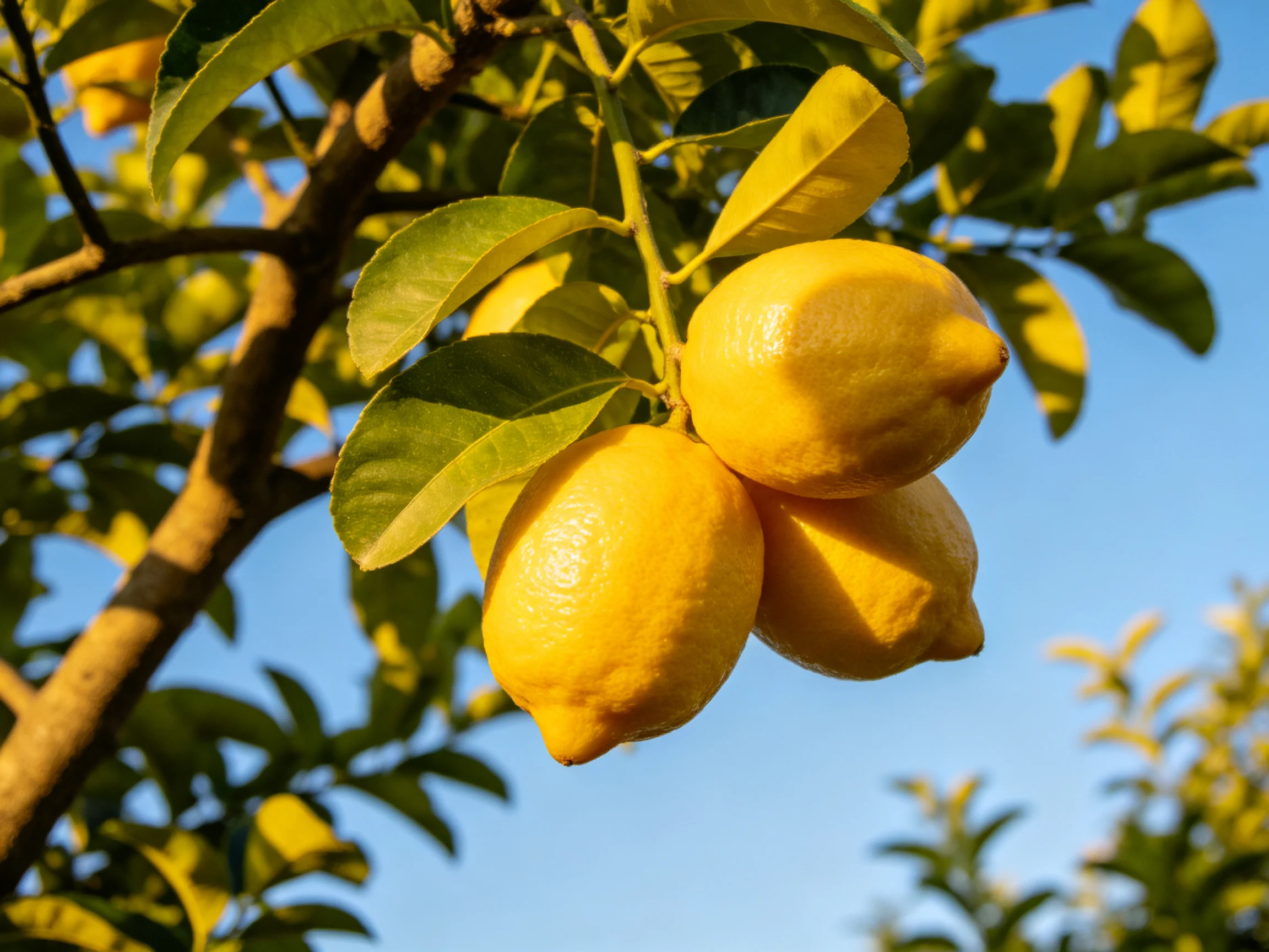 Three bright yellow lemons on a leafy lemon tree under a clear blue sky