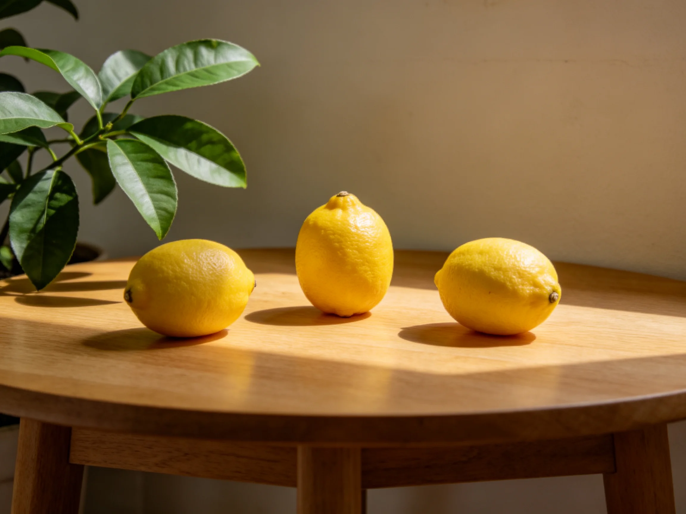 Three bright yellow lemons on a polished wooden table with a leafy plant