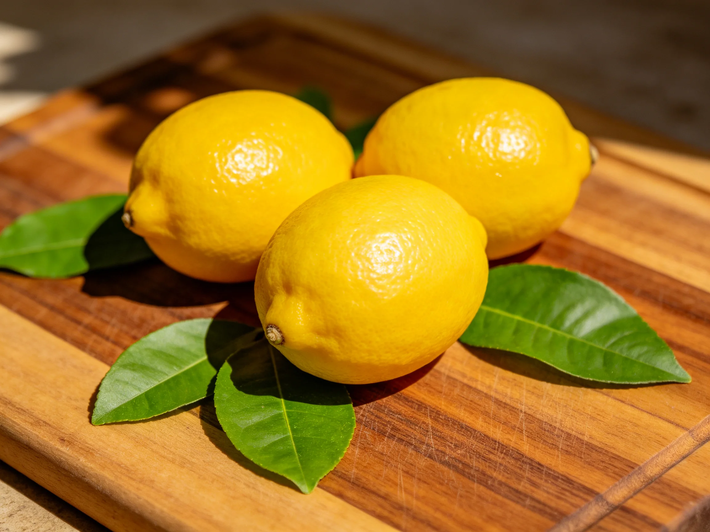 Three bright yellow lemons on a wooden cutting board with green leaves