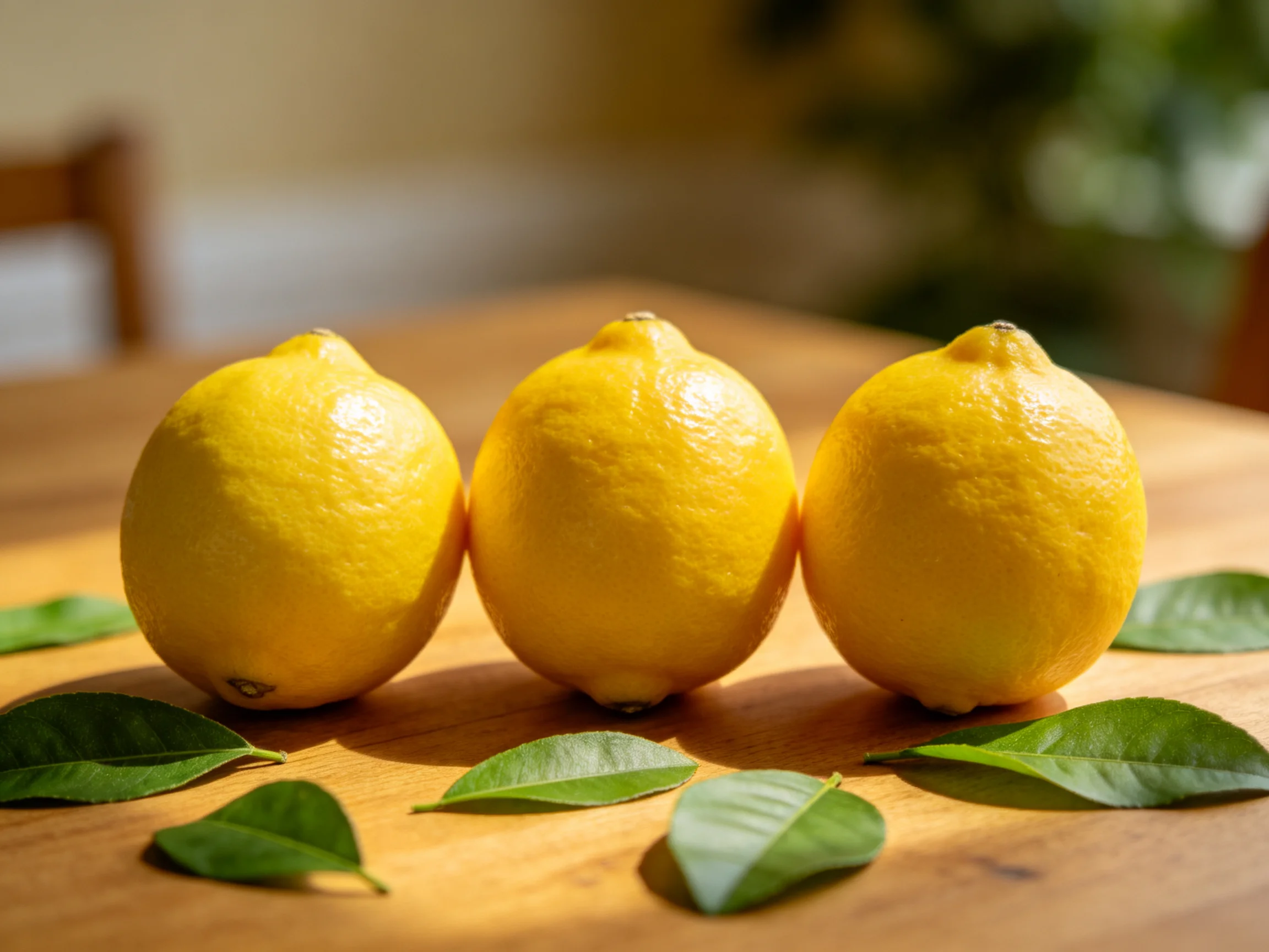 Three bright yellow lemons on a wooden table with green leaves