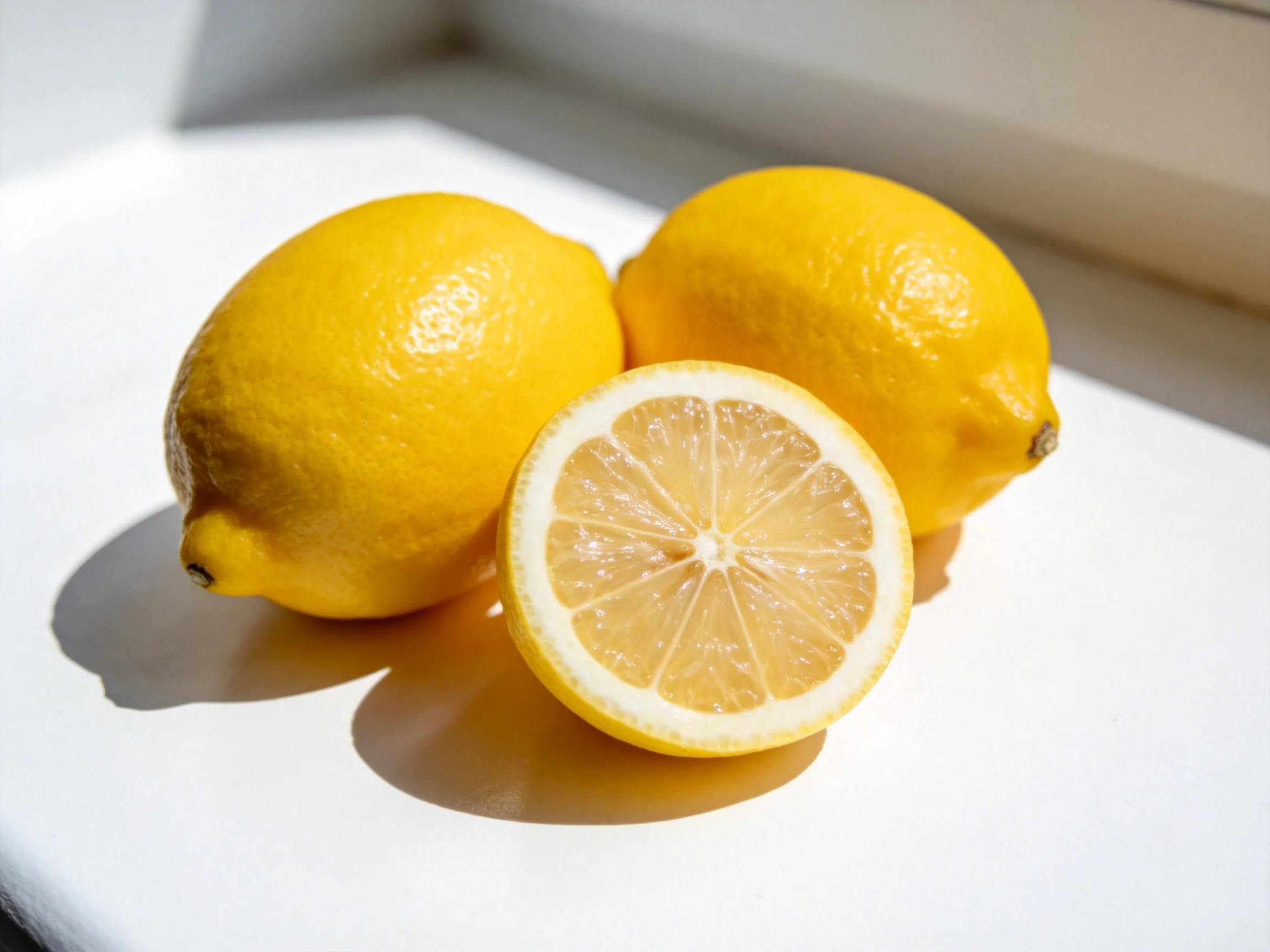 Three bright yellow lemons, one sliced, on a white surface