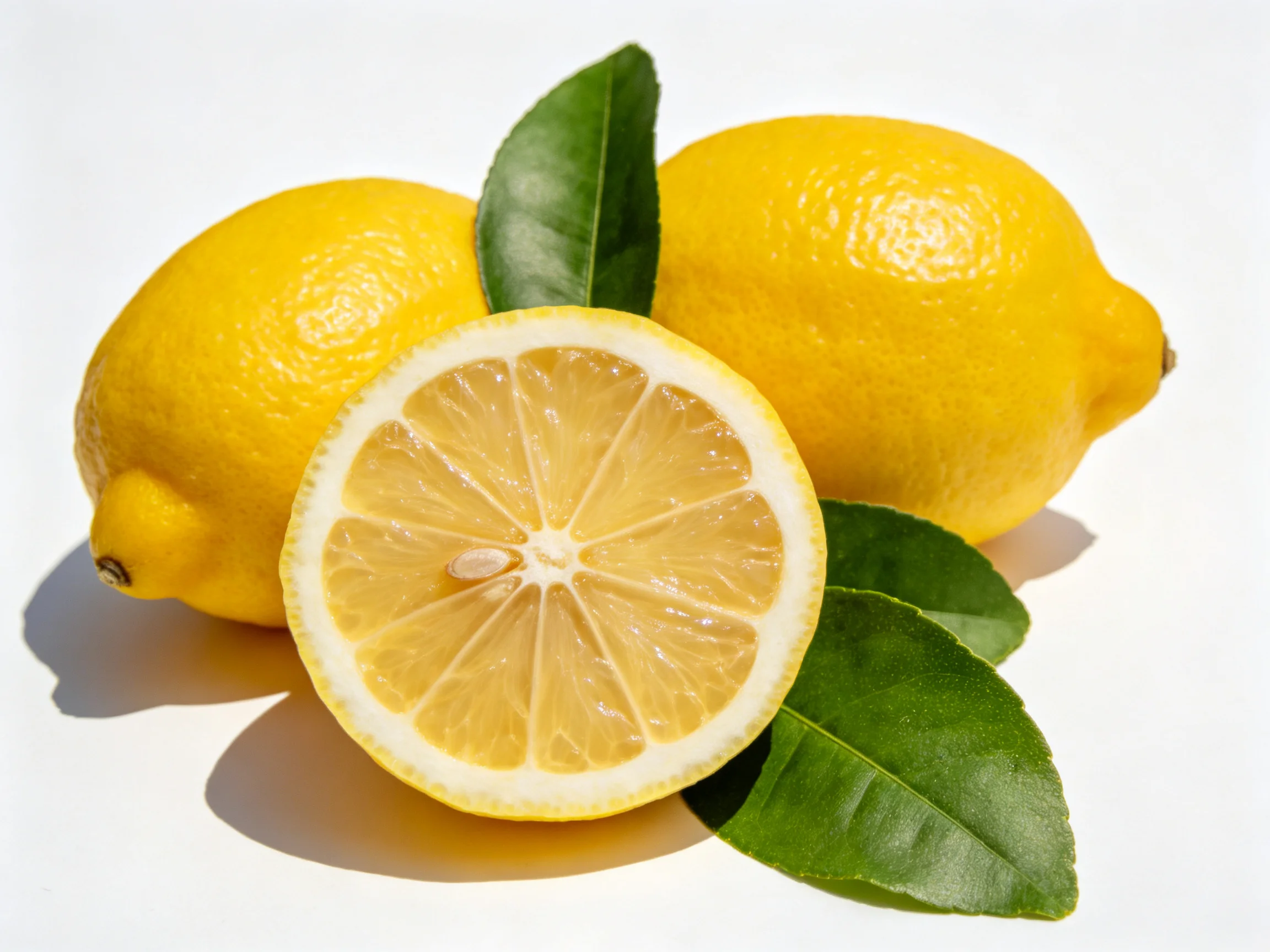 Three bright yellow lemons with fresh green leaves, one sliced open