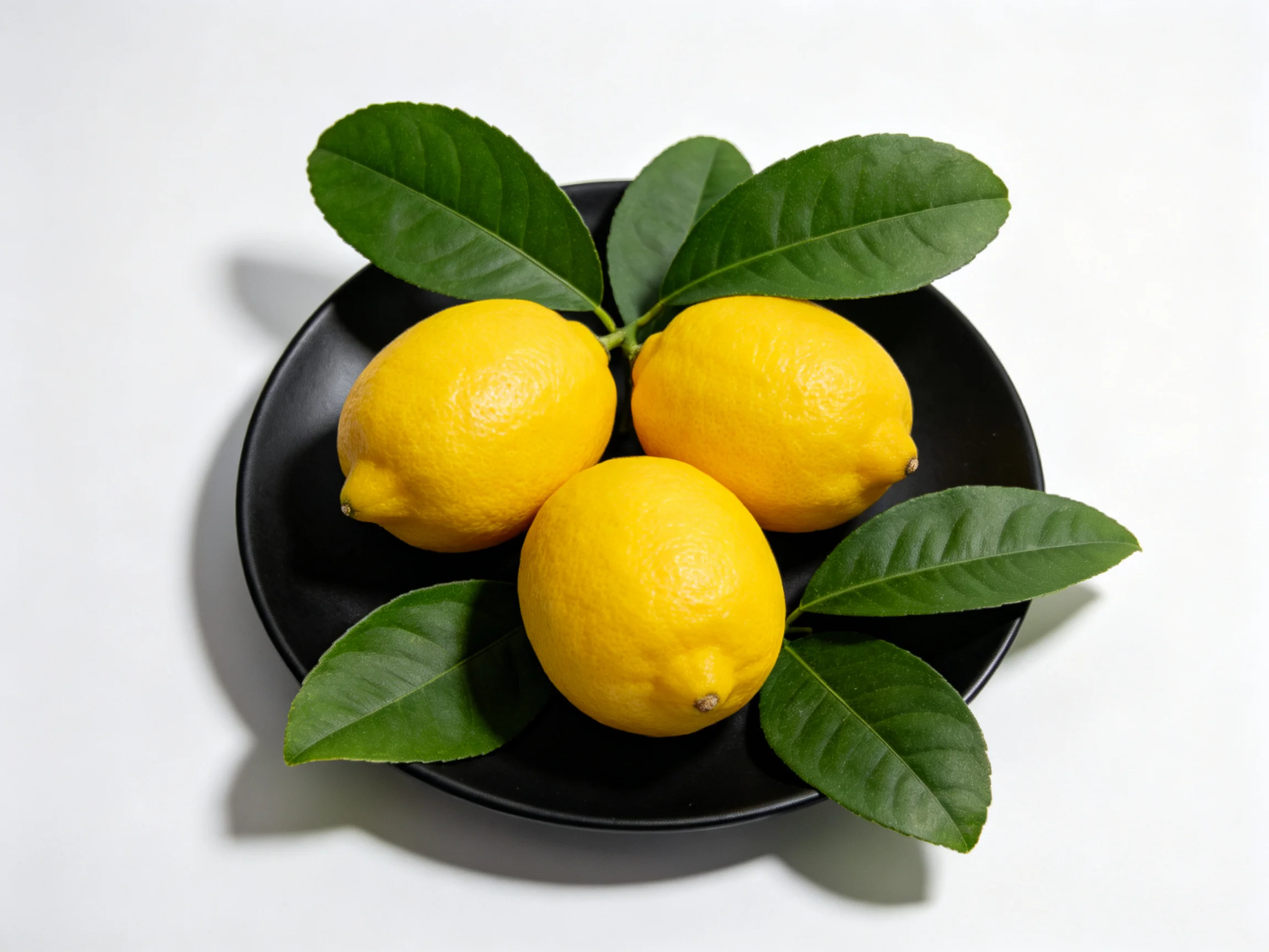 Three bright yellow lemons with green leaves on a black plate