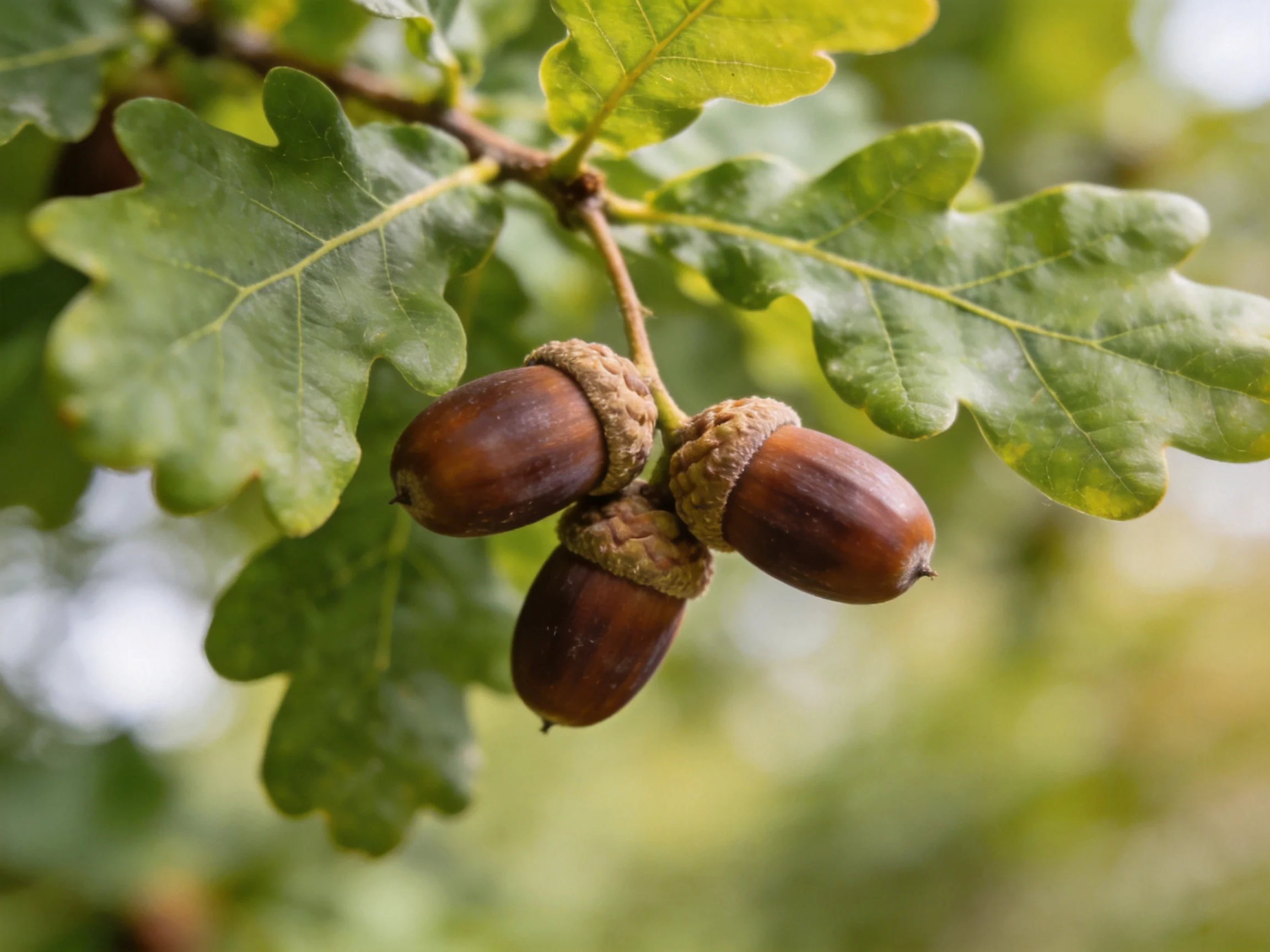 Three brown acorns cluster on an oak branch with large green leaves
