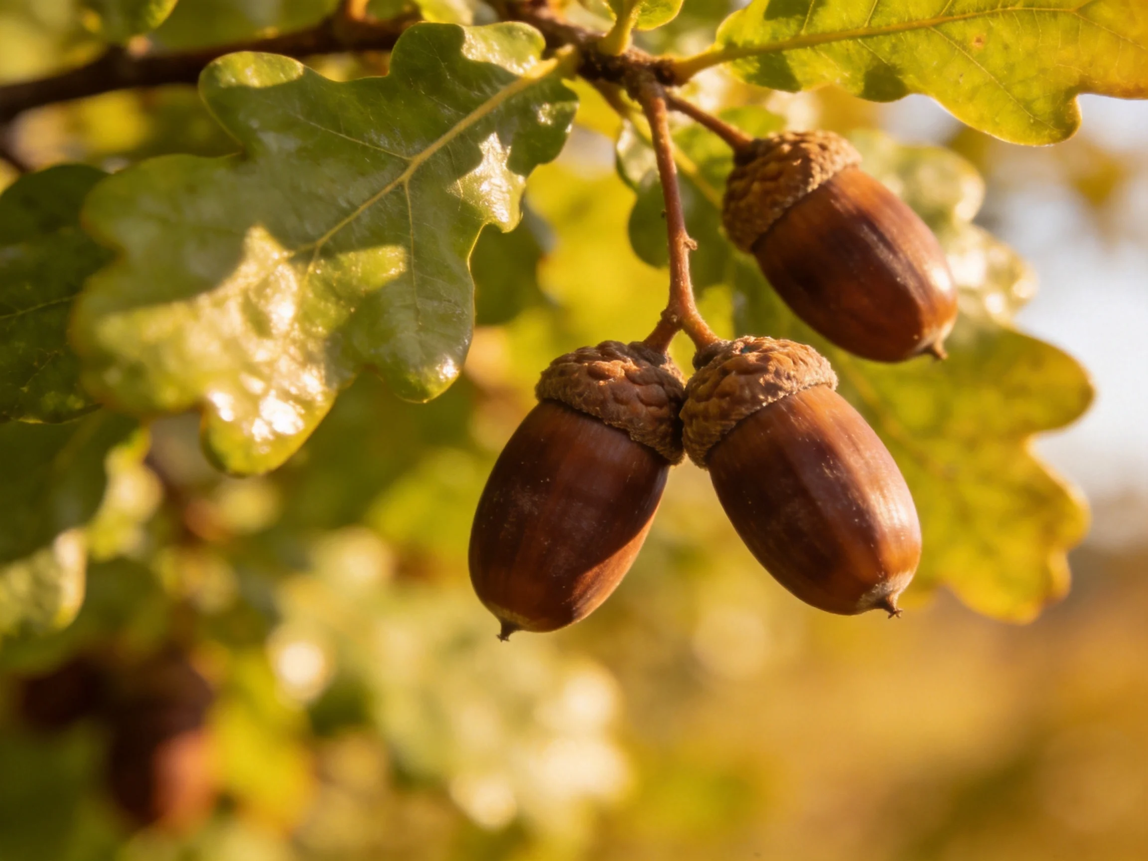 Three brown acorns hang from an oak branch with textured green leaves