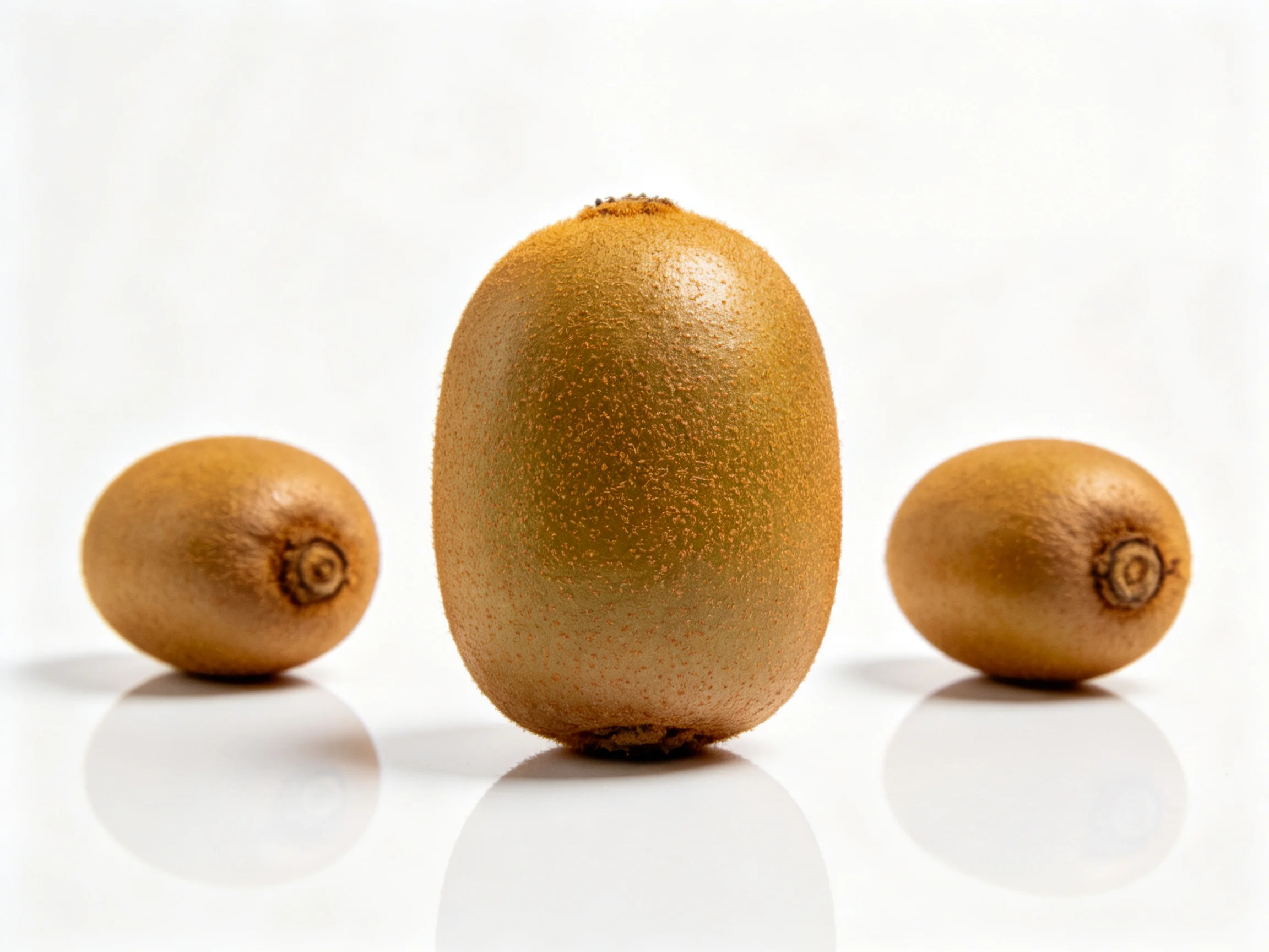 Three brown kiwifruits displayed on a glossy white surface