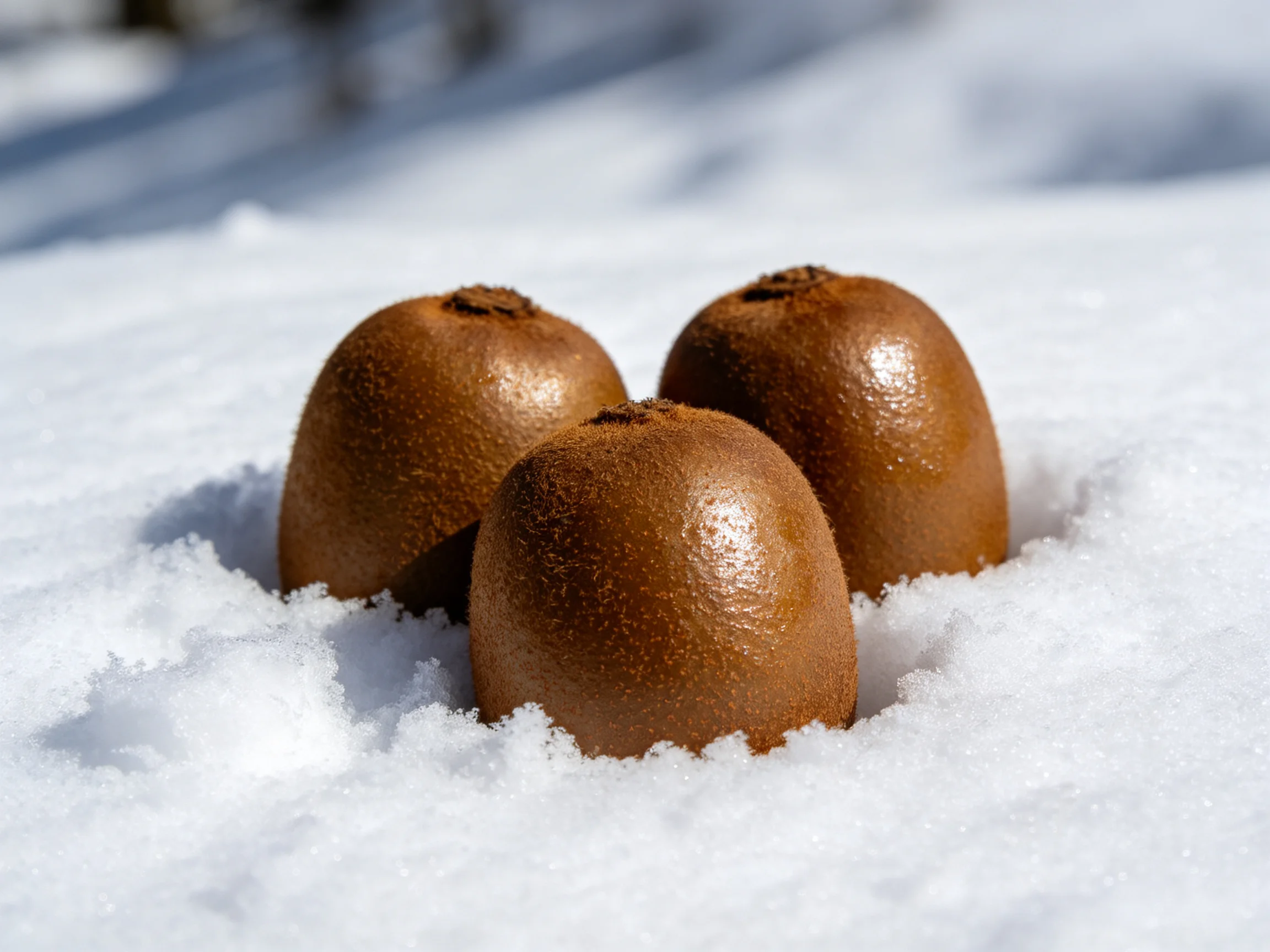 Three brown kiwis partially buried in bright white snow
