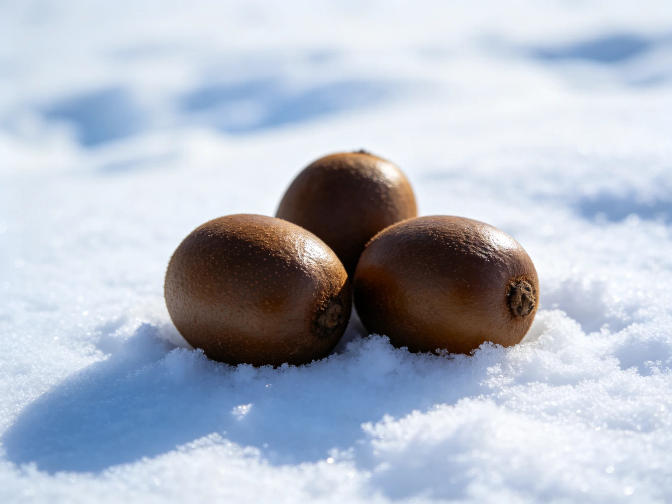 Three brown kiwis rest upon bright white snow