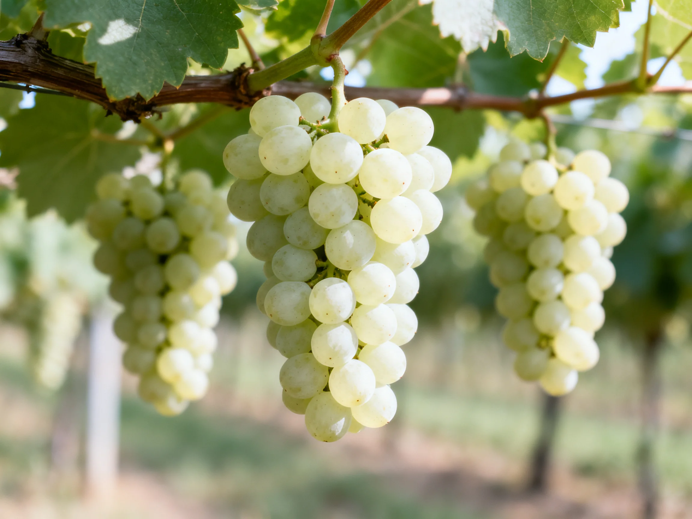 Three bunches of pale green grapes hang from a vine in a sunlit vineyard