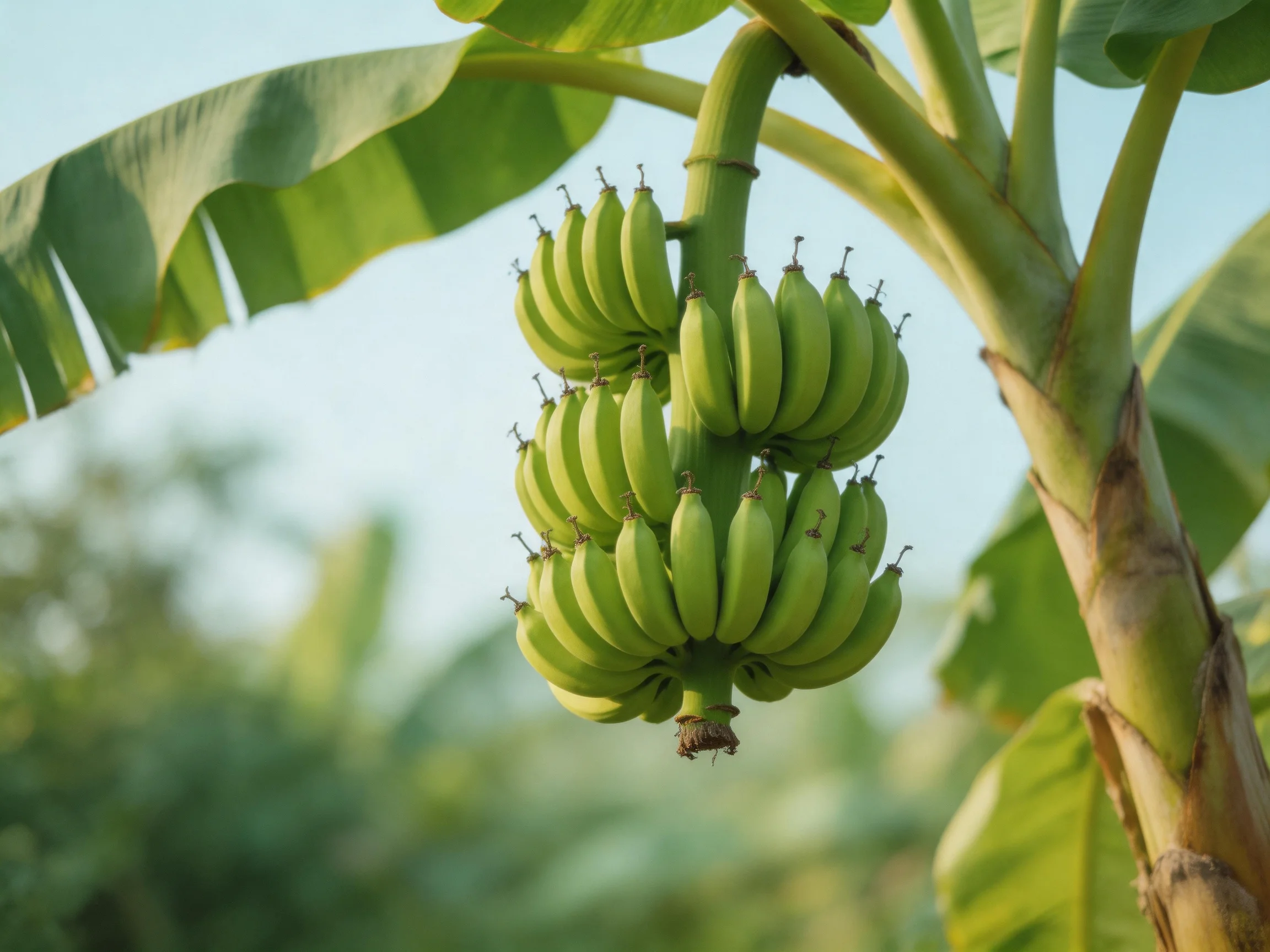 Three bunches of unripe green bananas hang from a banana plant