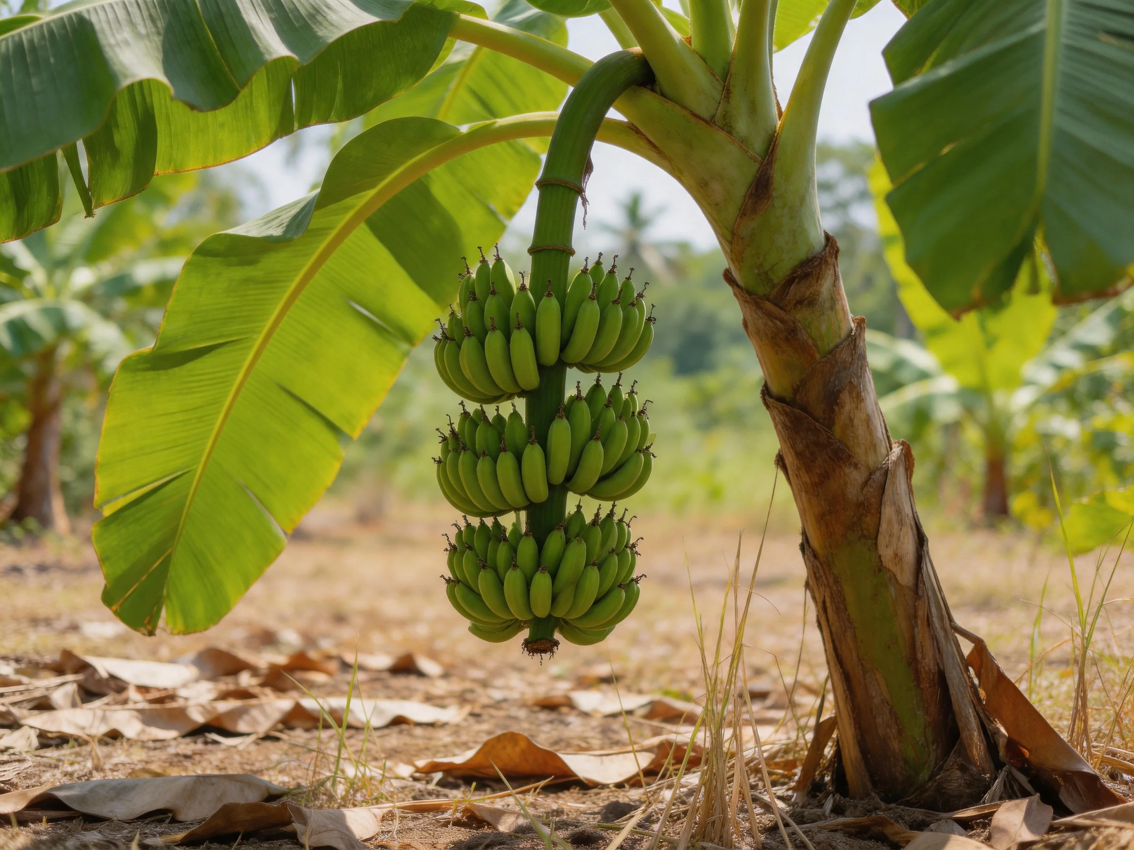 Three bunches of unripe green bananas hang from a banana tree