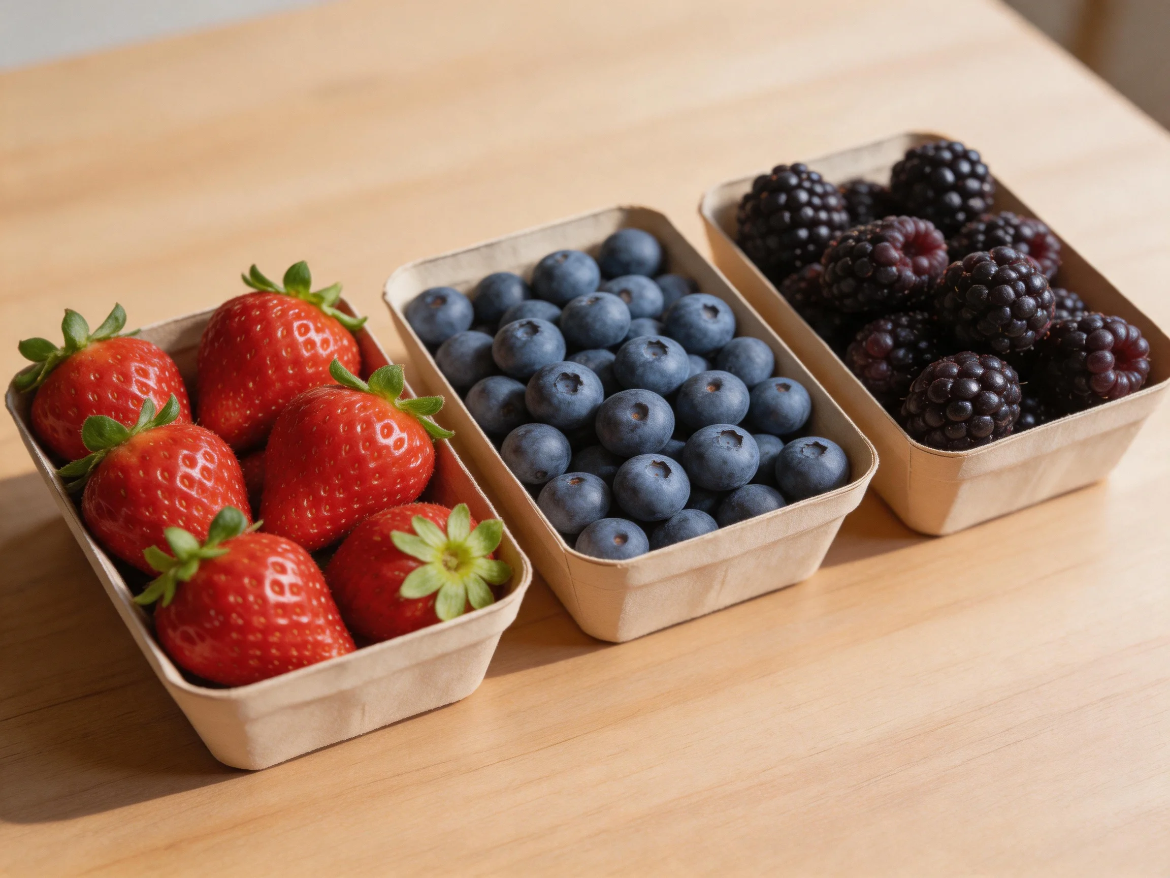 Three cardboard containers hold vibrant strawberries, blueberries, and blackberries.