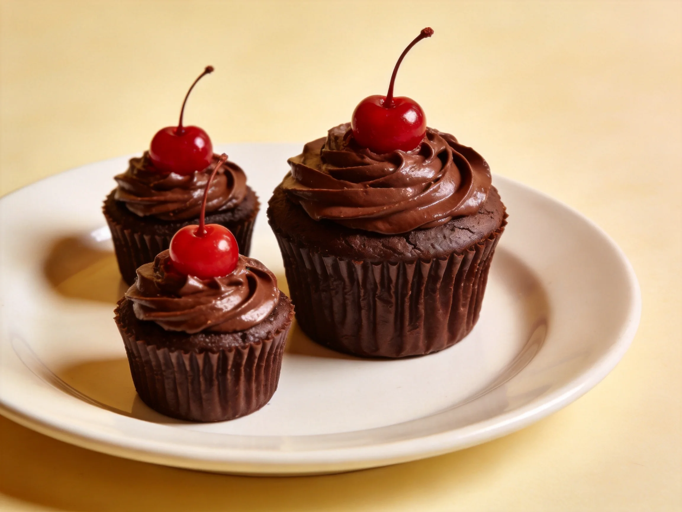 Three chocolate cupcakes topped with glossy red cherries on a white plate