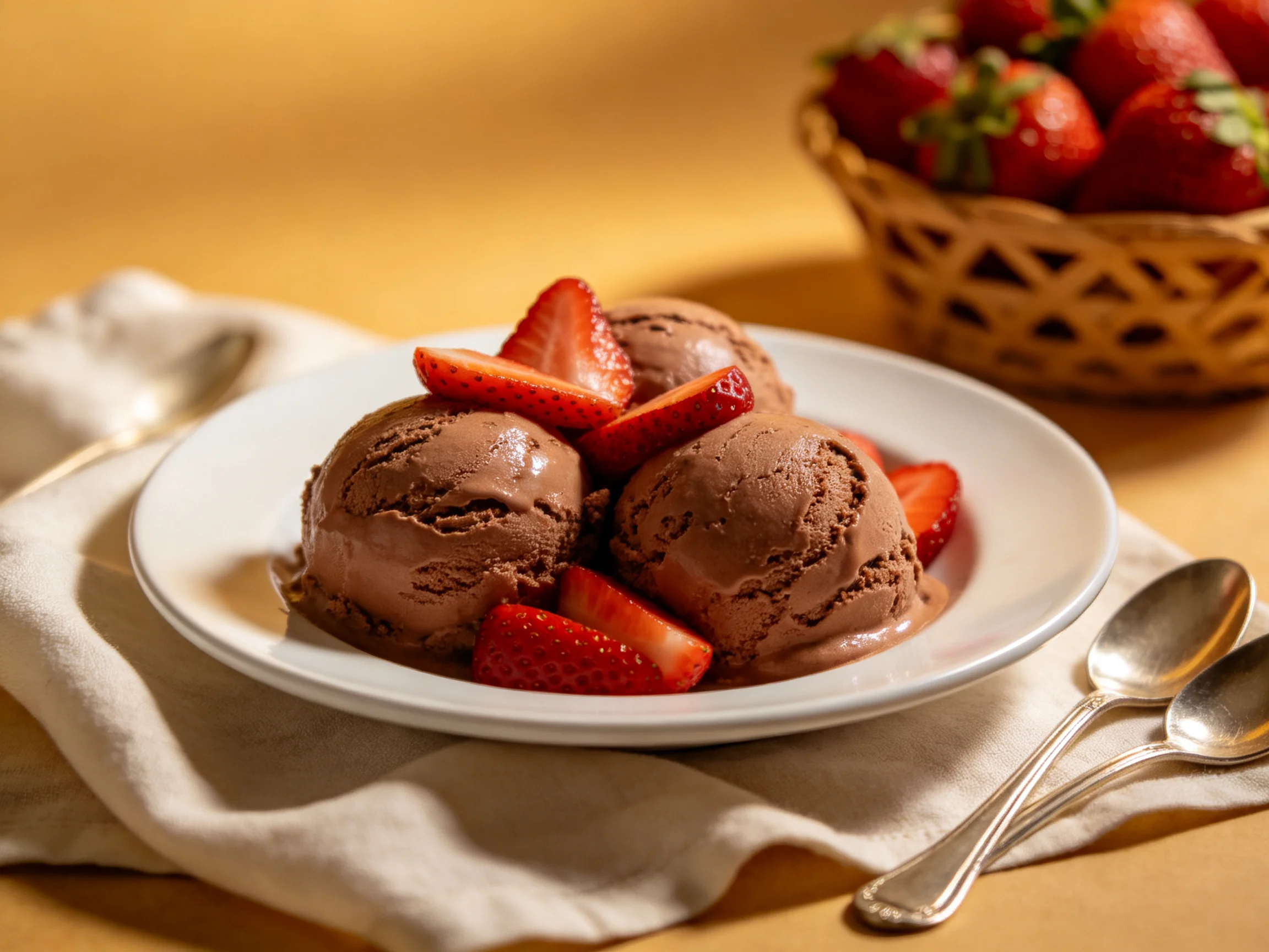 Three chocolate ice cream scoops with fresh strawberry slices on a white plate.