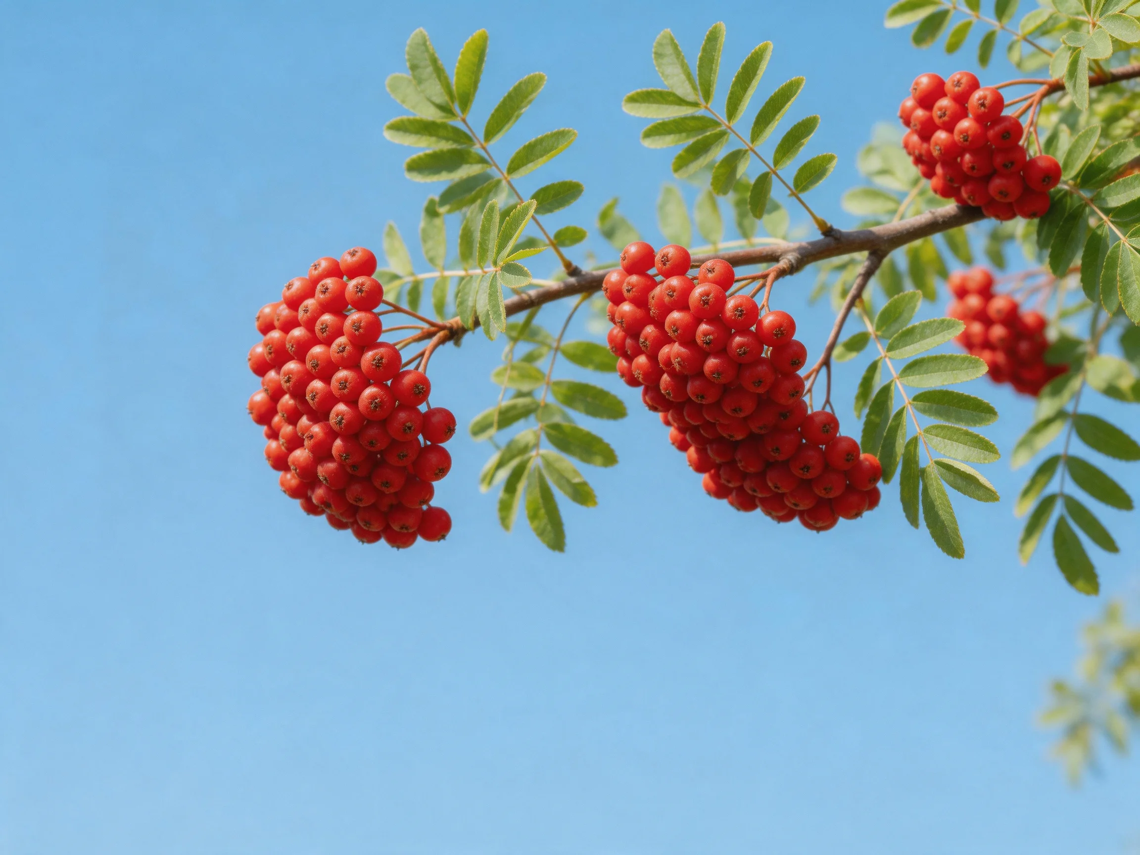 Three clusters of bright red berries grow on branches with green leaves under a clear blue sky