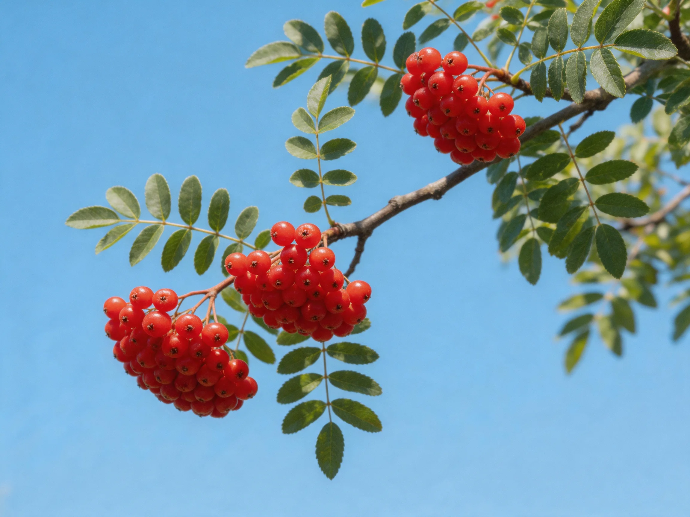 Three clusters of bright red berries hang from a branch with green leaves