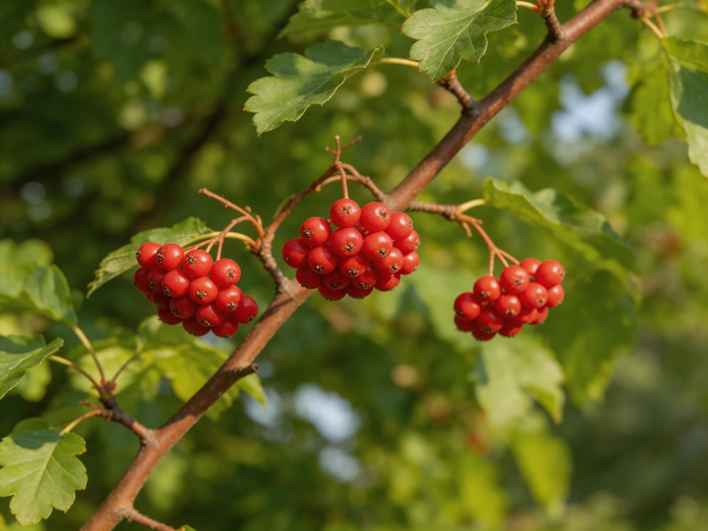 Three clusters of bright red berries hang from a tree branch