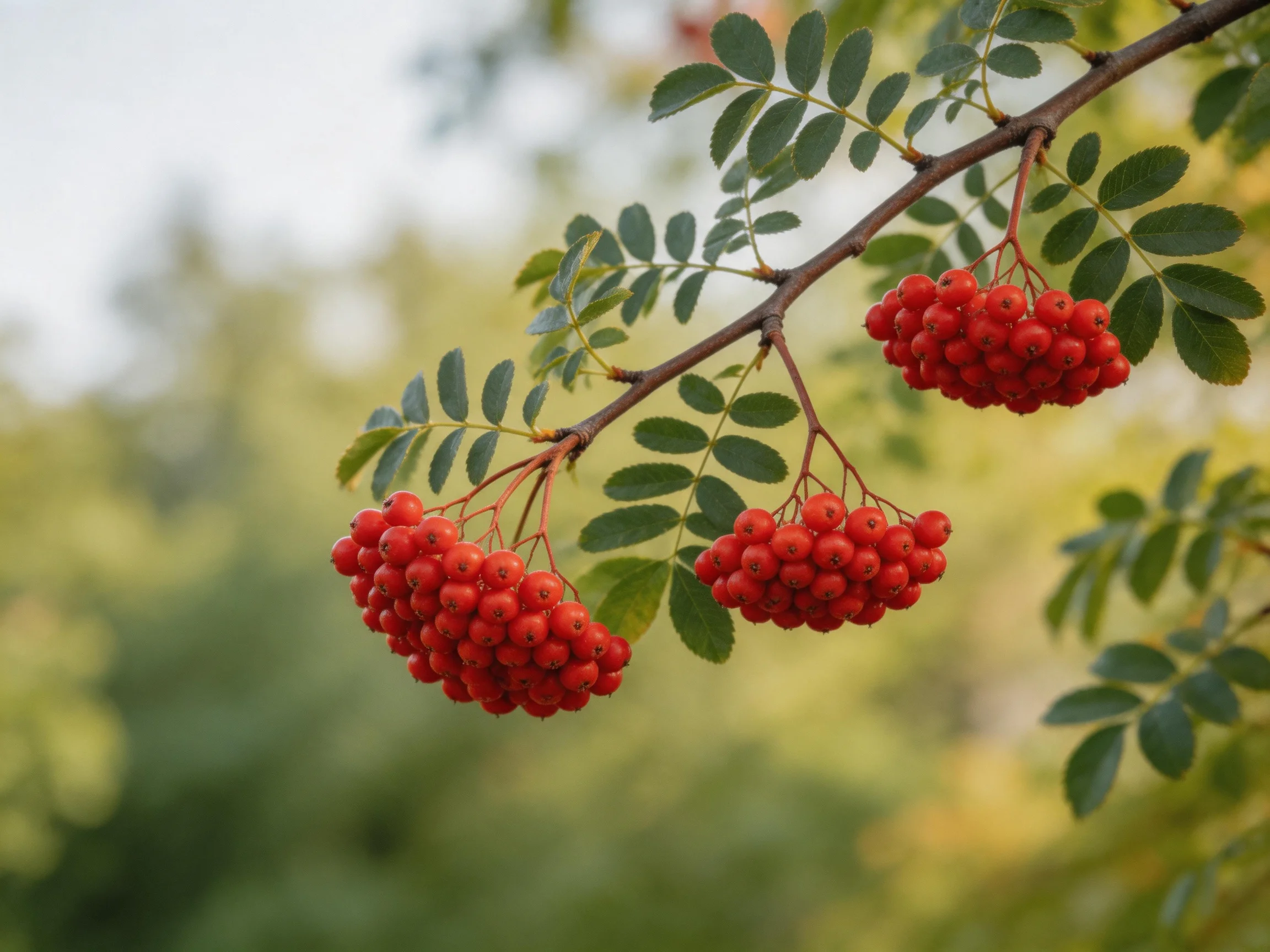 Three clusters of bright red berries hang from leafy branches