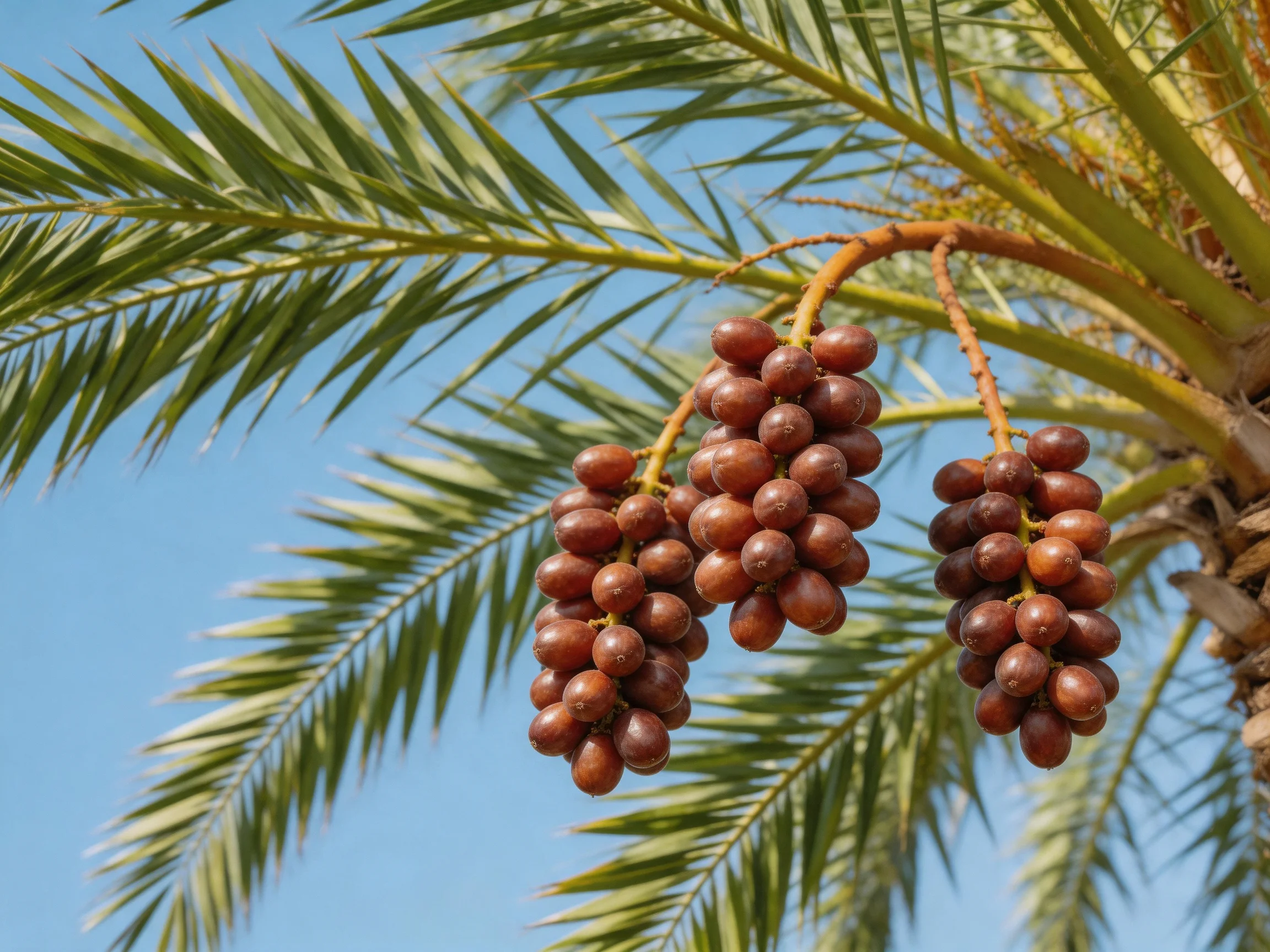 Three clusters of brown dates hang from a date palm with green fronds