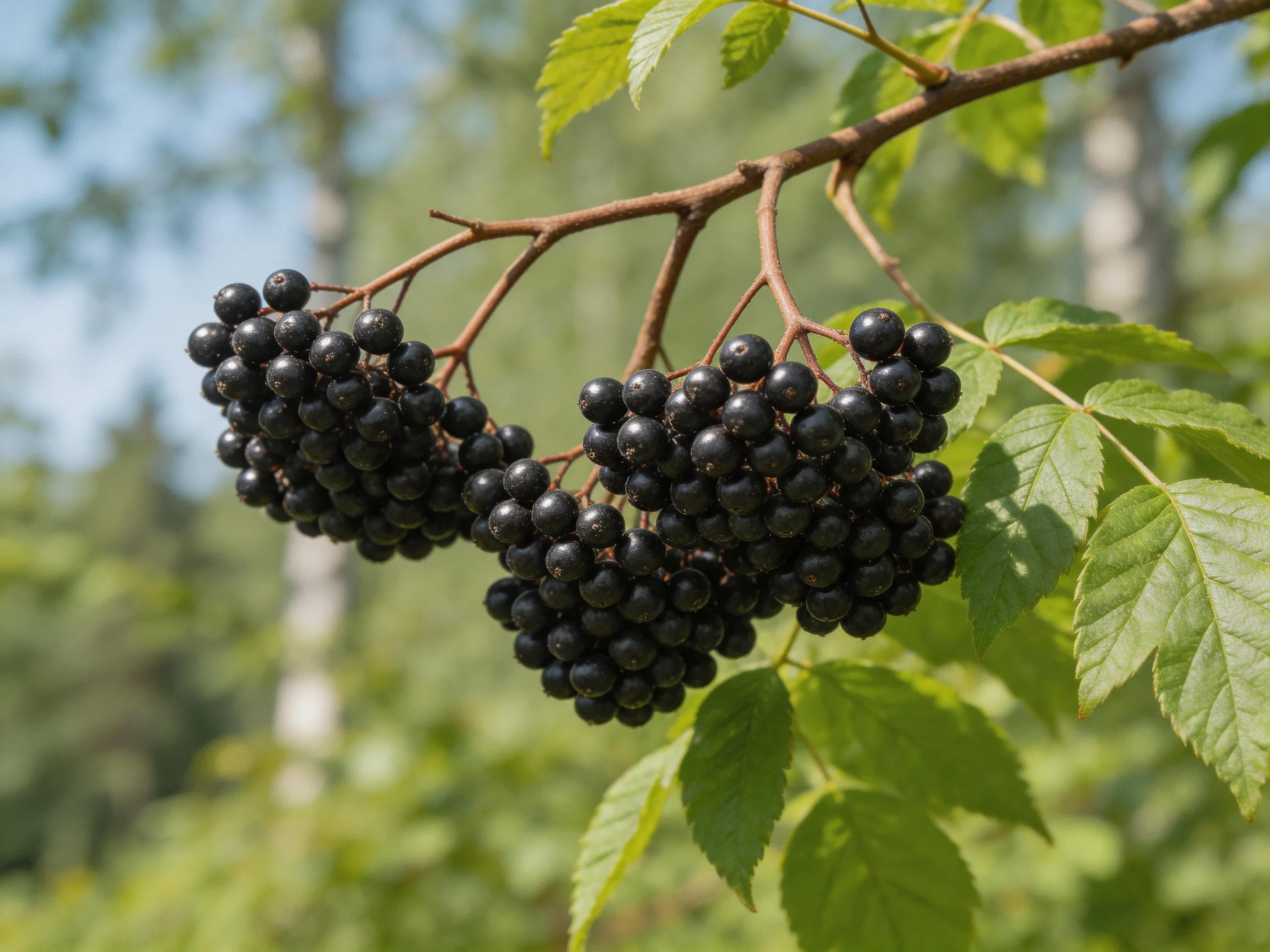 Three clusters of dark berries hang from a branch with green foliage