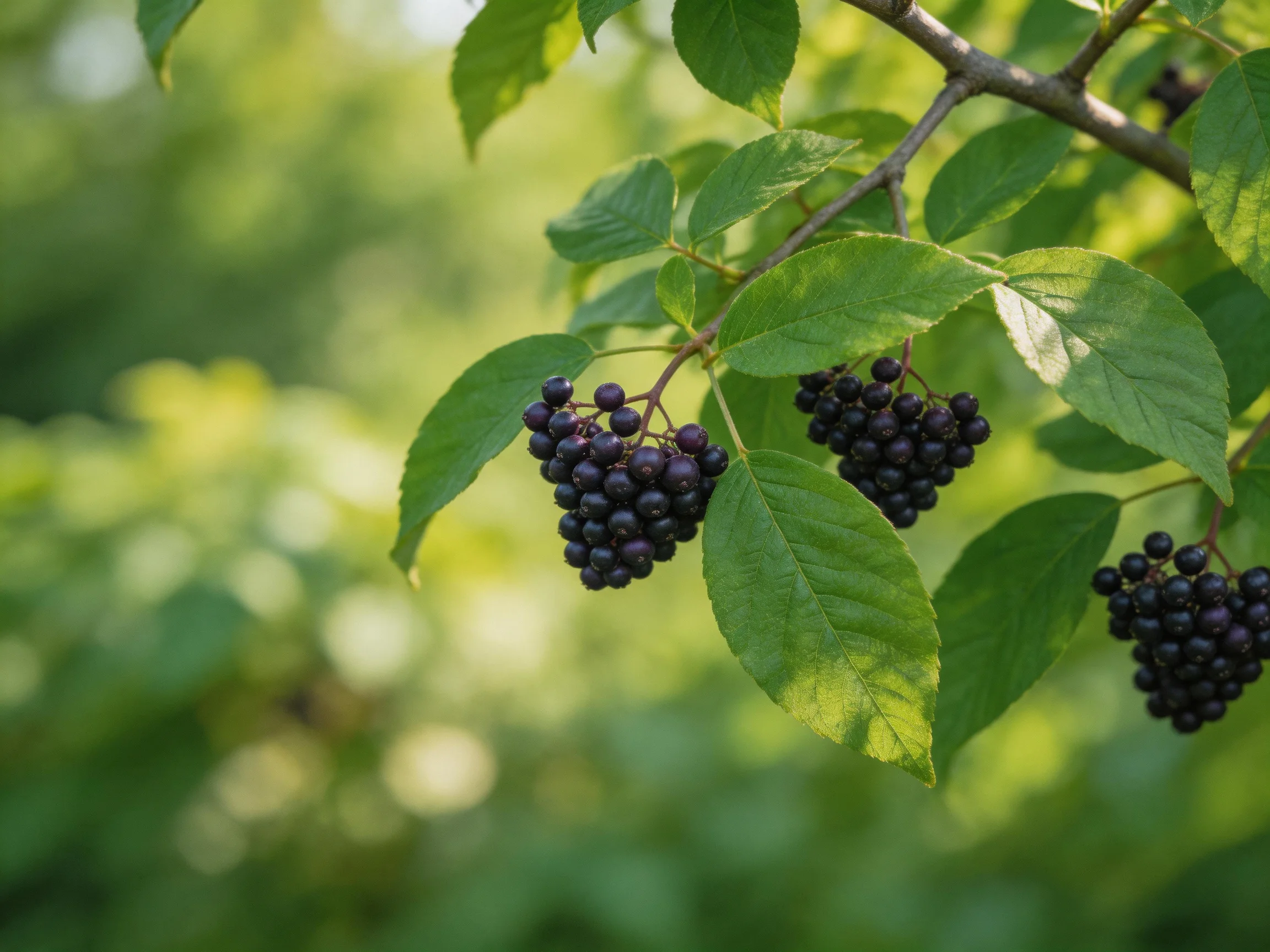 Three clusters of deep purple berries adorn leafy branches