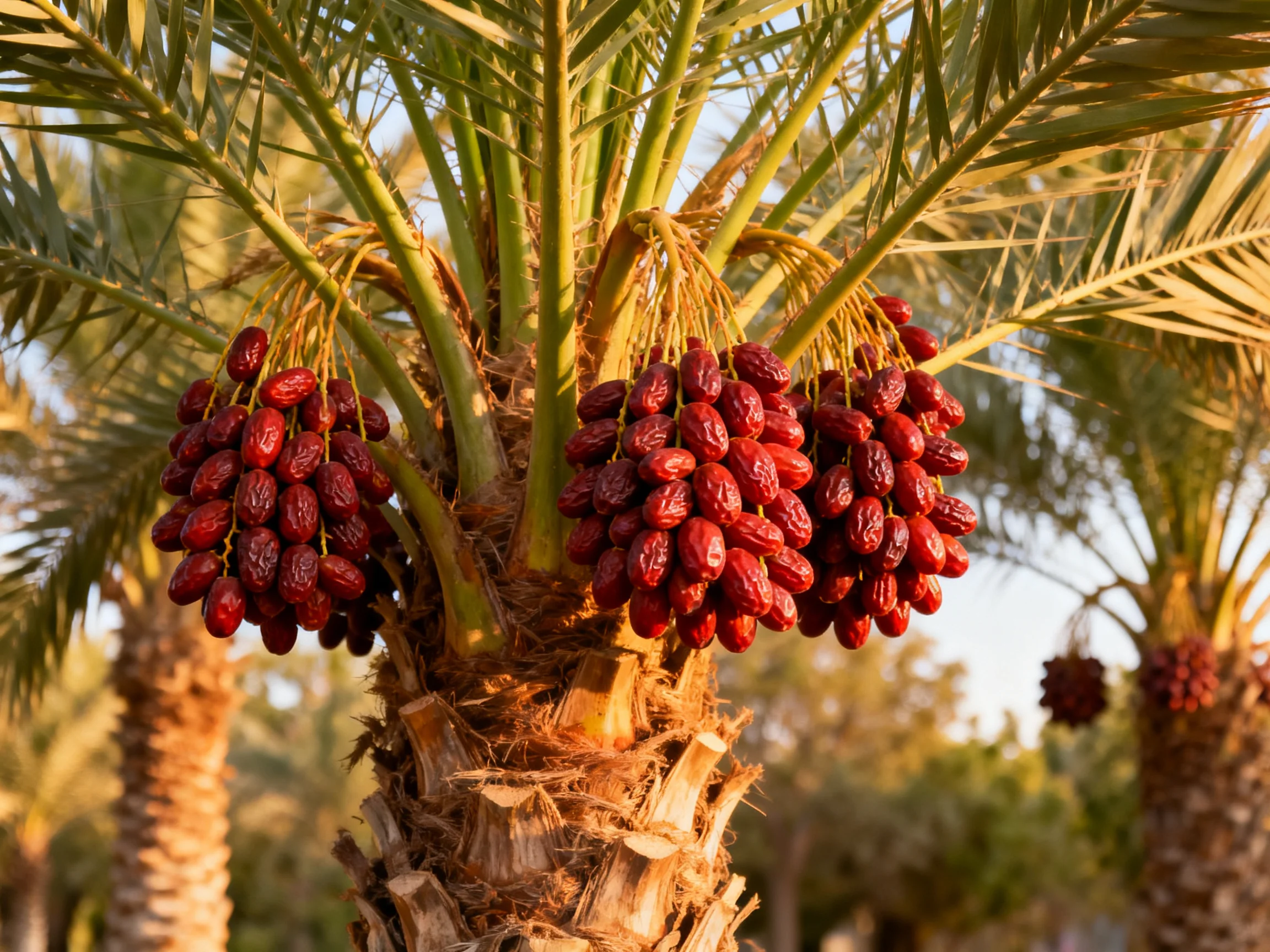 Three clusters of deep red dates hang from a date palm tree