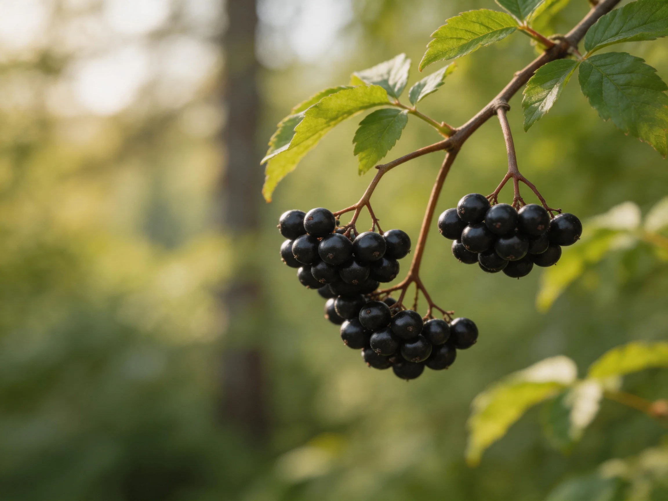 Three clusters of glossy black berries on a leafy branch in a sunlit forest