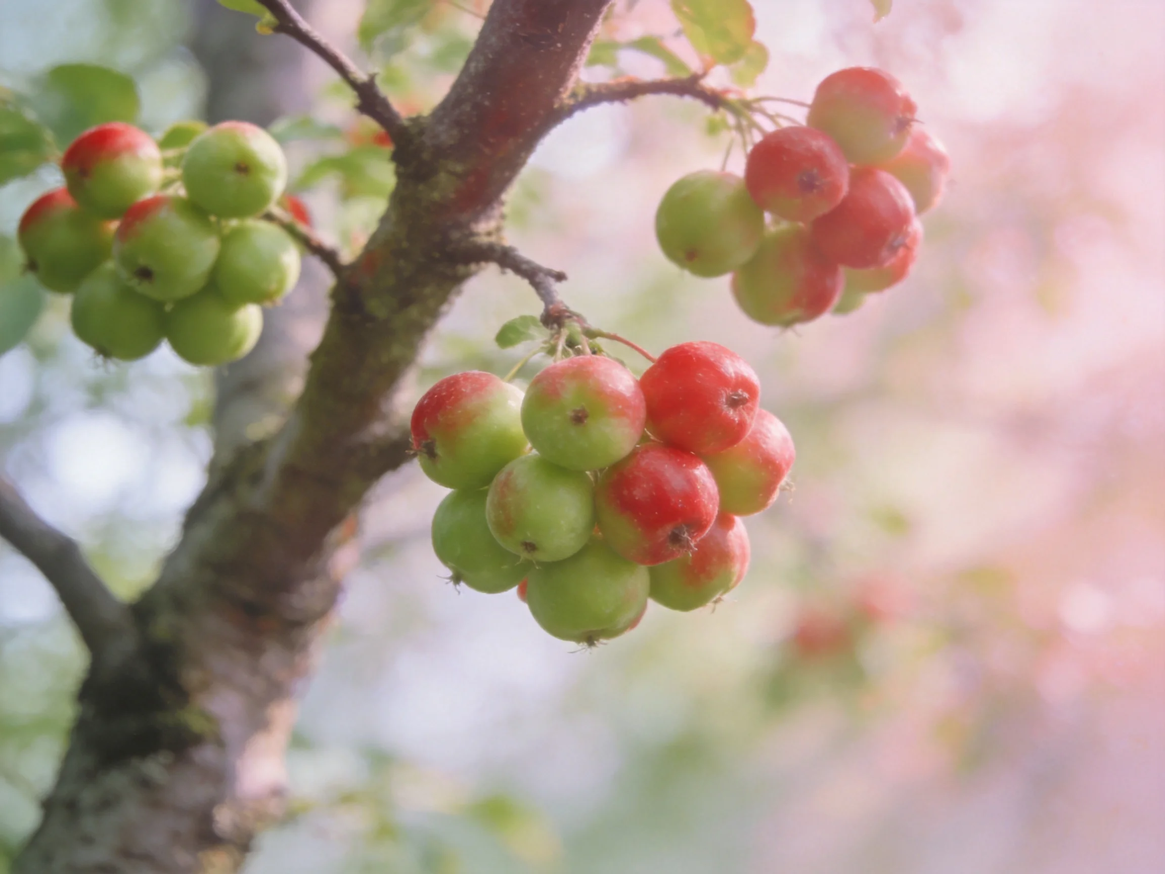 Three clusters of red and green fruits adorn tree branches