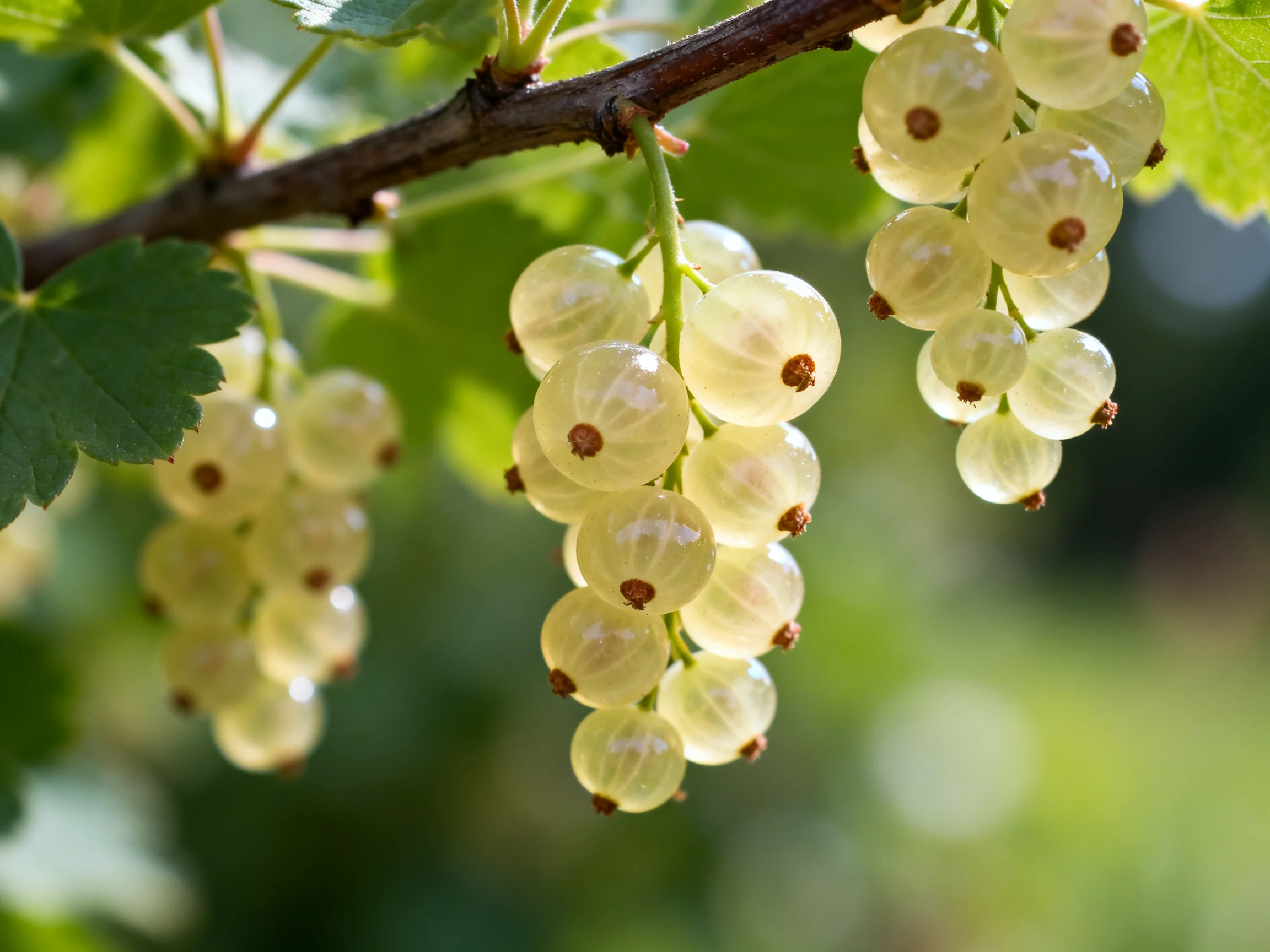 Three clusters of translucent white berries hang from a branch