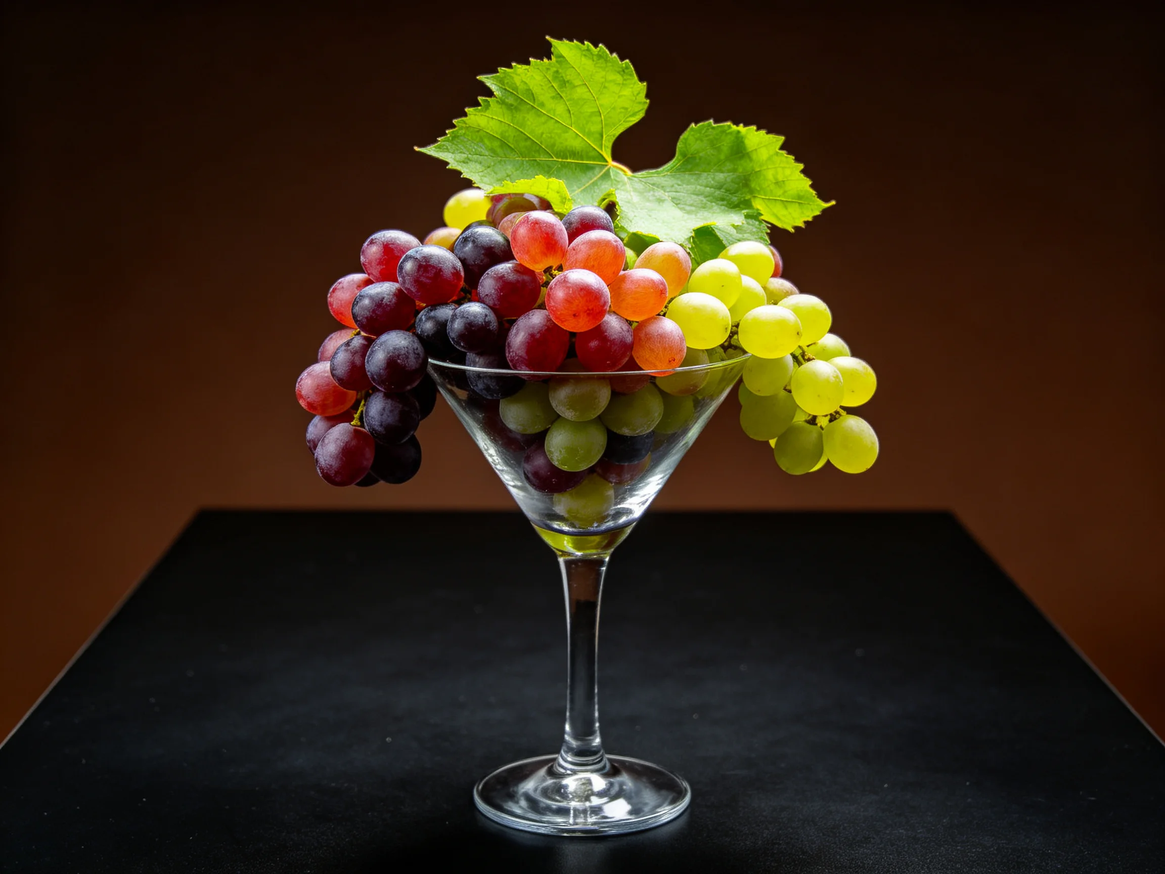 Three-colored grapes arranged in a stemmed glass with a leaf