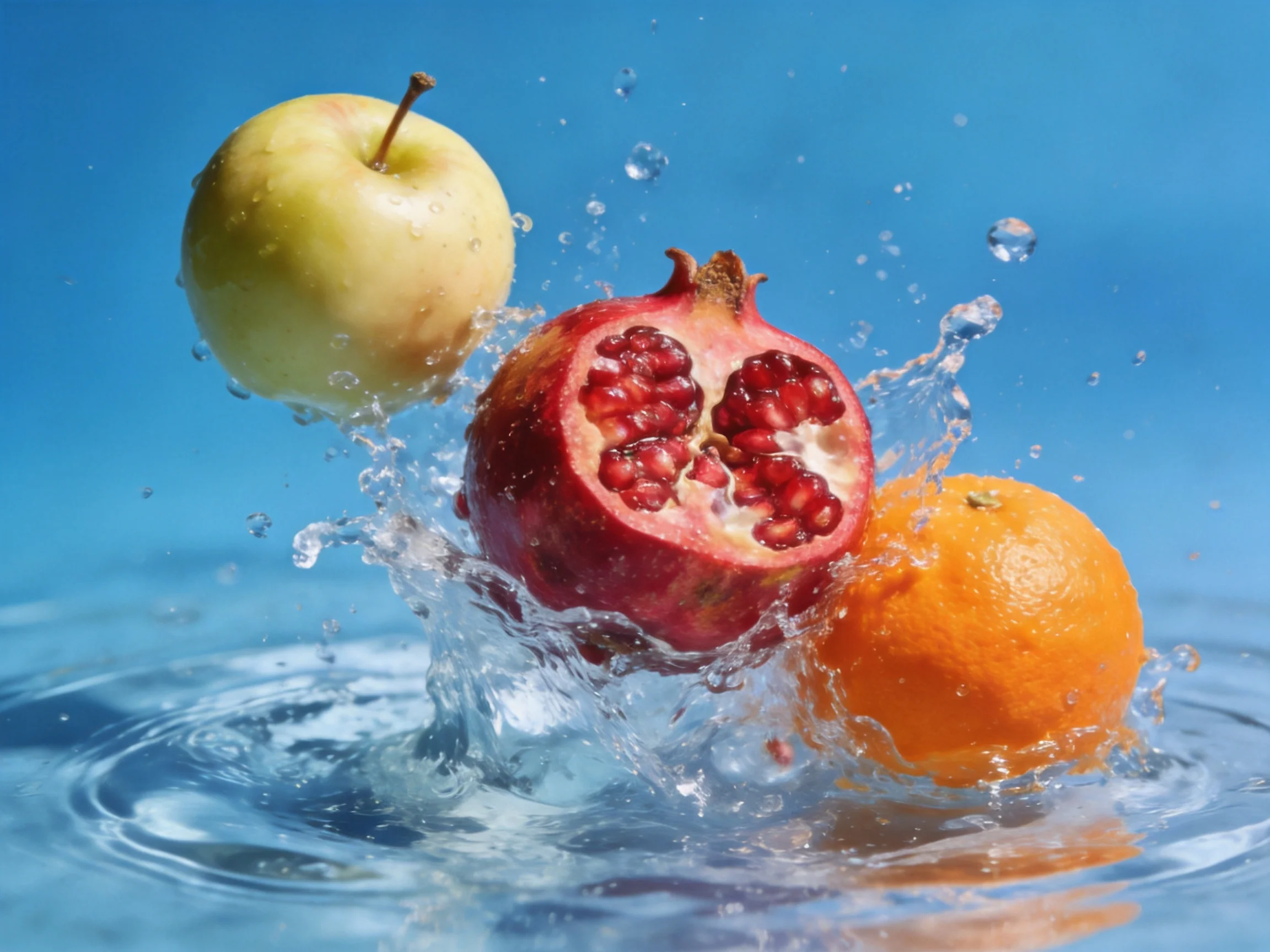 Three colorful fruits splashing into clear water
