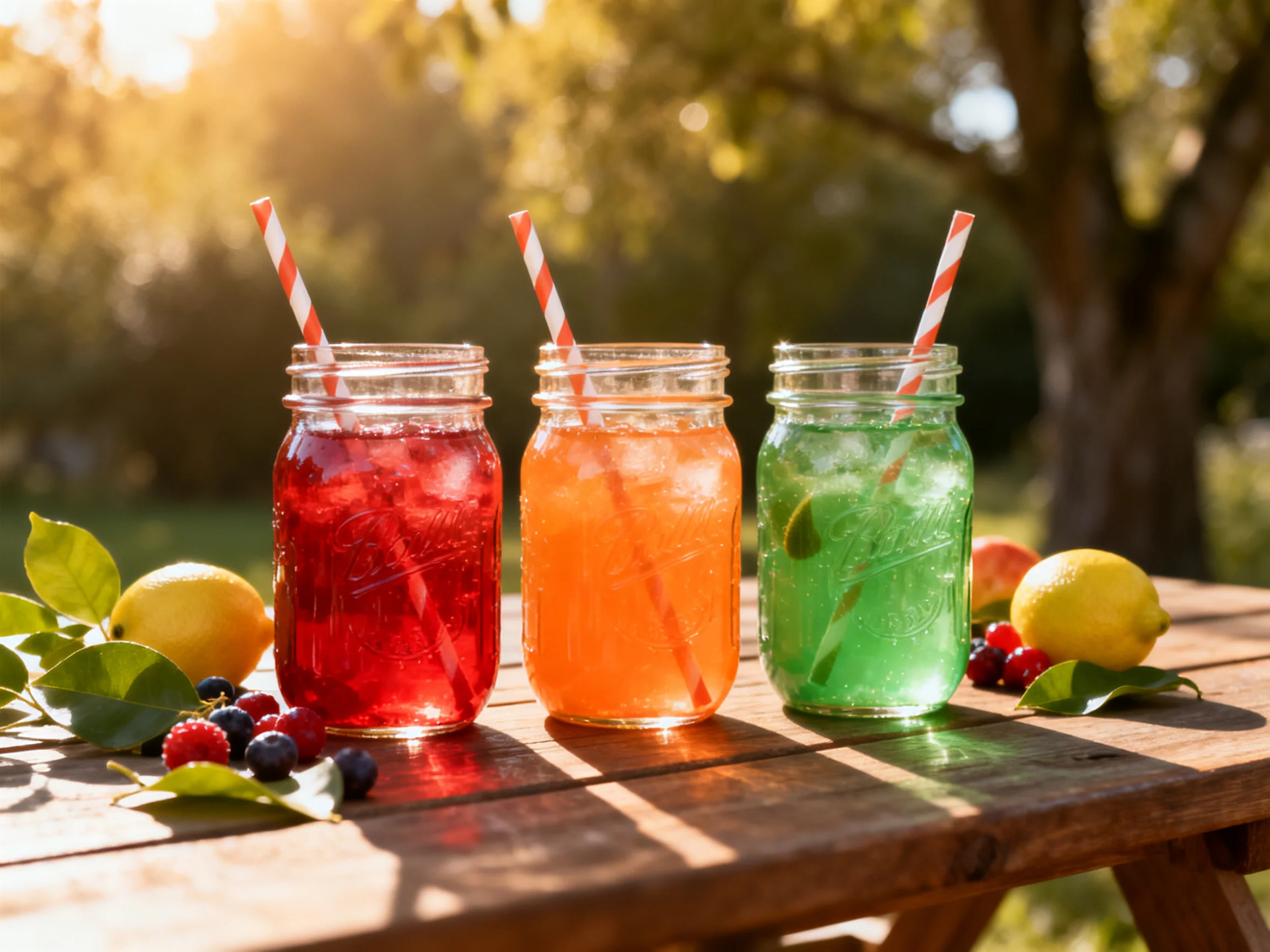 Three colorful mason jar drinks on a wooden outdoor table