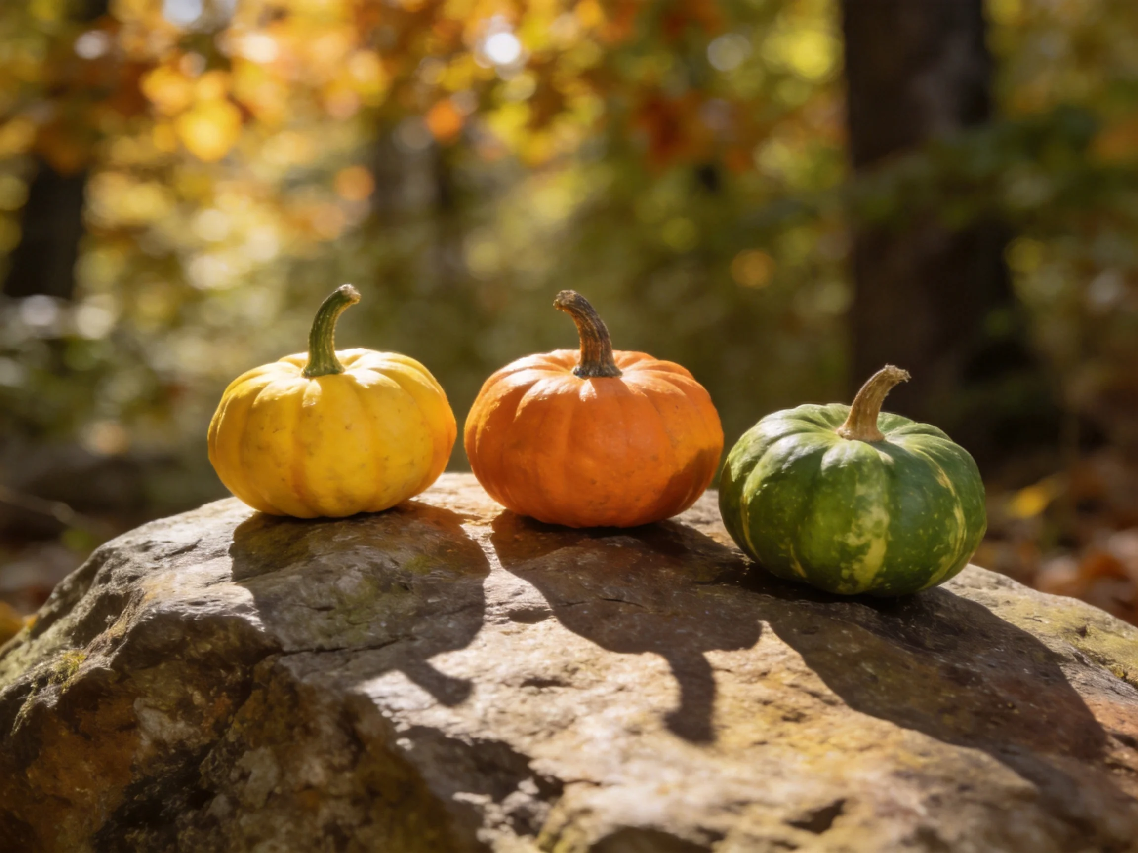 Three colorful mini pumpkins rest on a large stone in an autumn forest