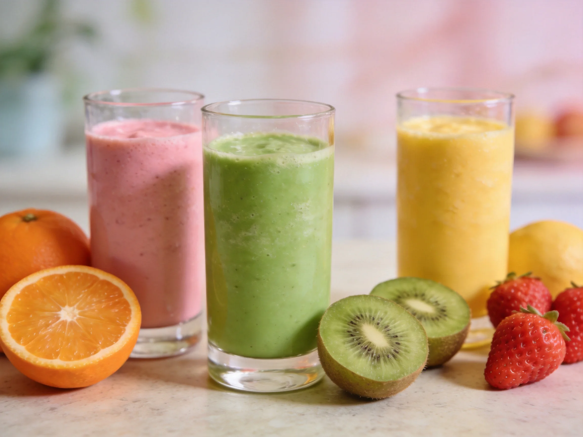Three colorful smoothies with fresh fruits displayed