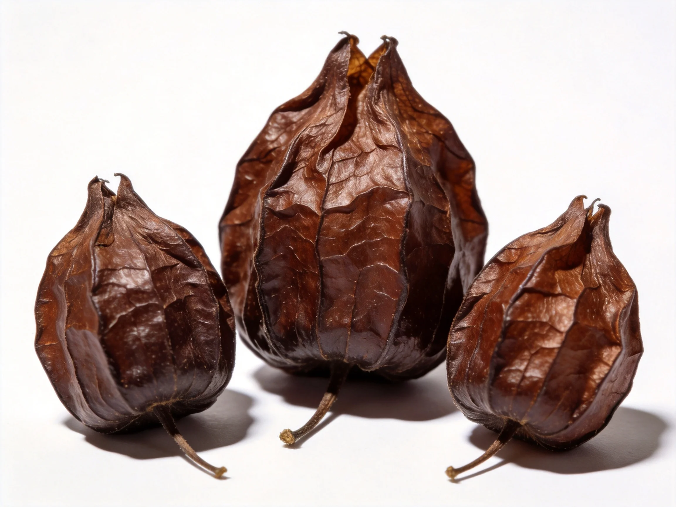 Three dark brown dried physalis fruits on a white background