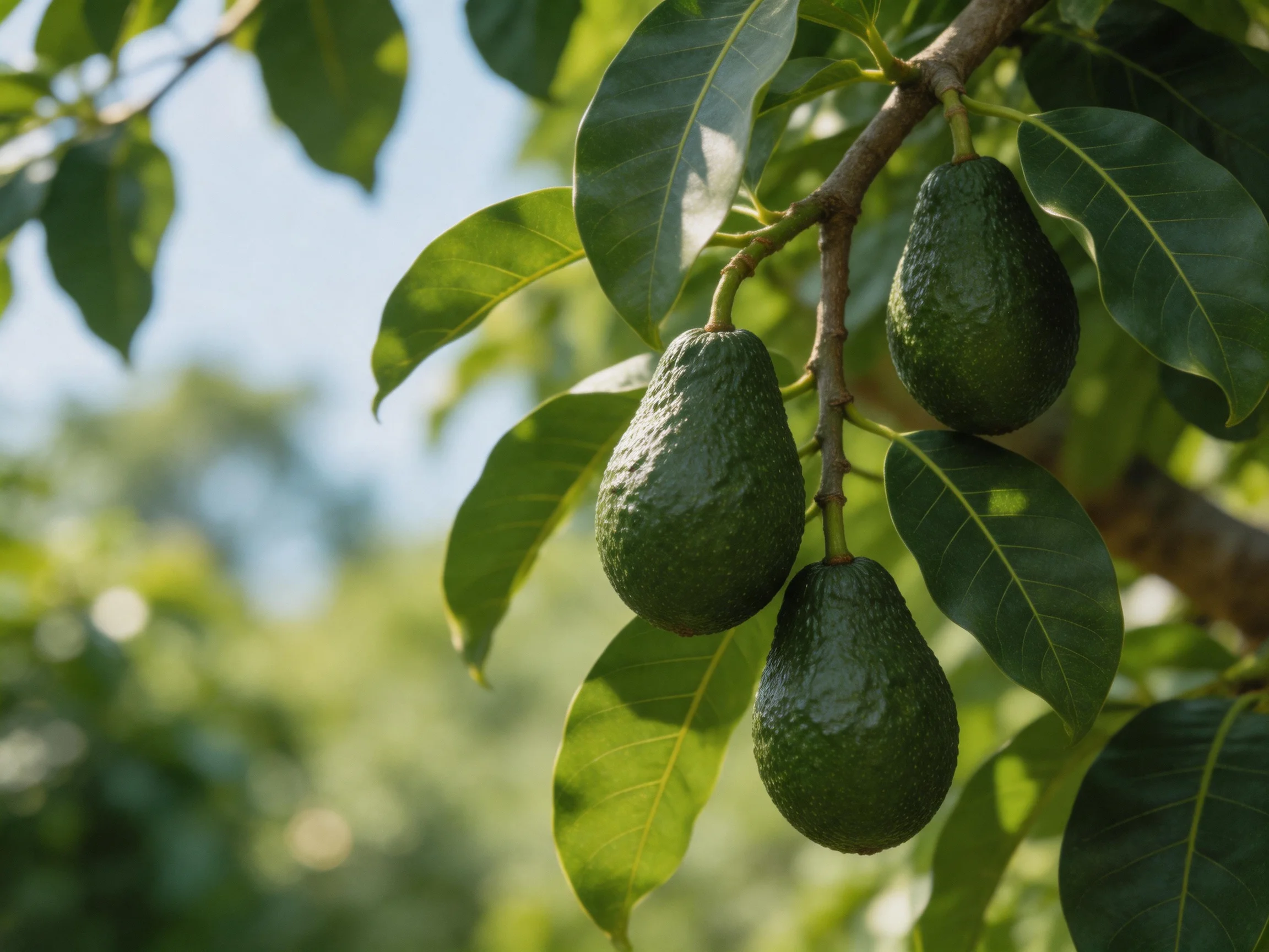 Three dark-green avocados hang from a leafy branch under bright sunlight