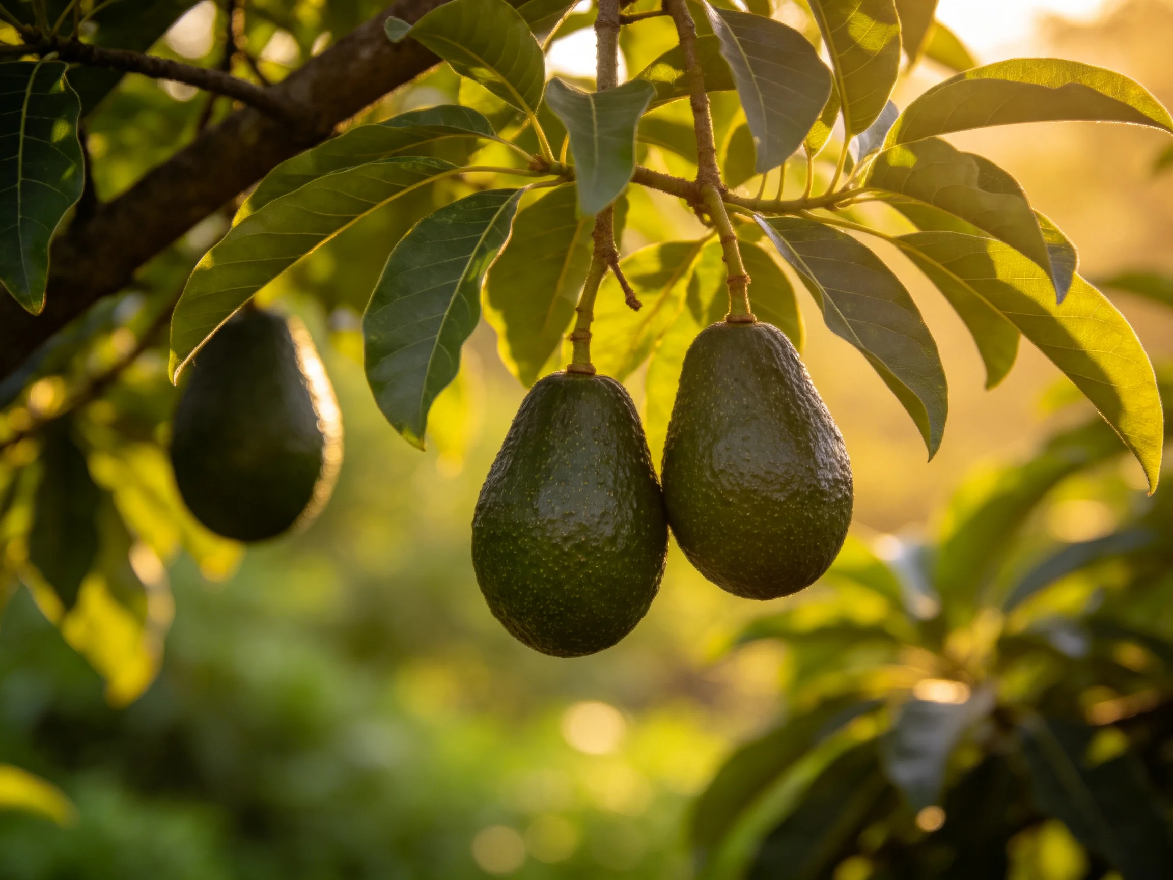 Three dark green avocados hang from a leafy tree branch
