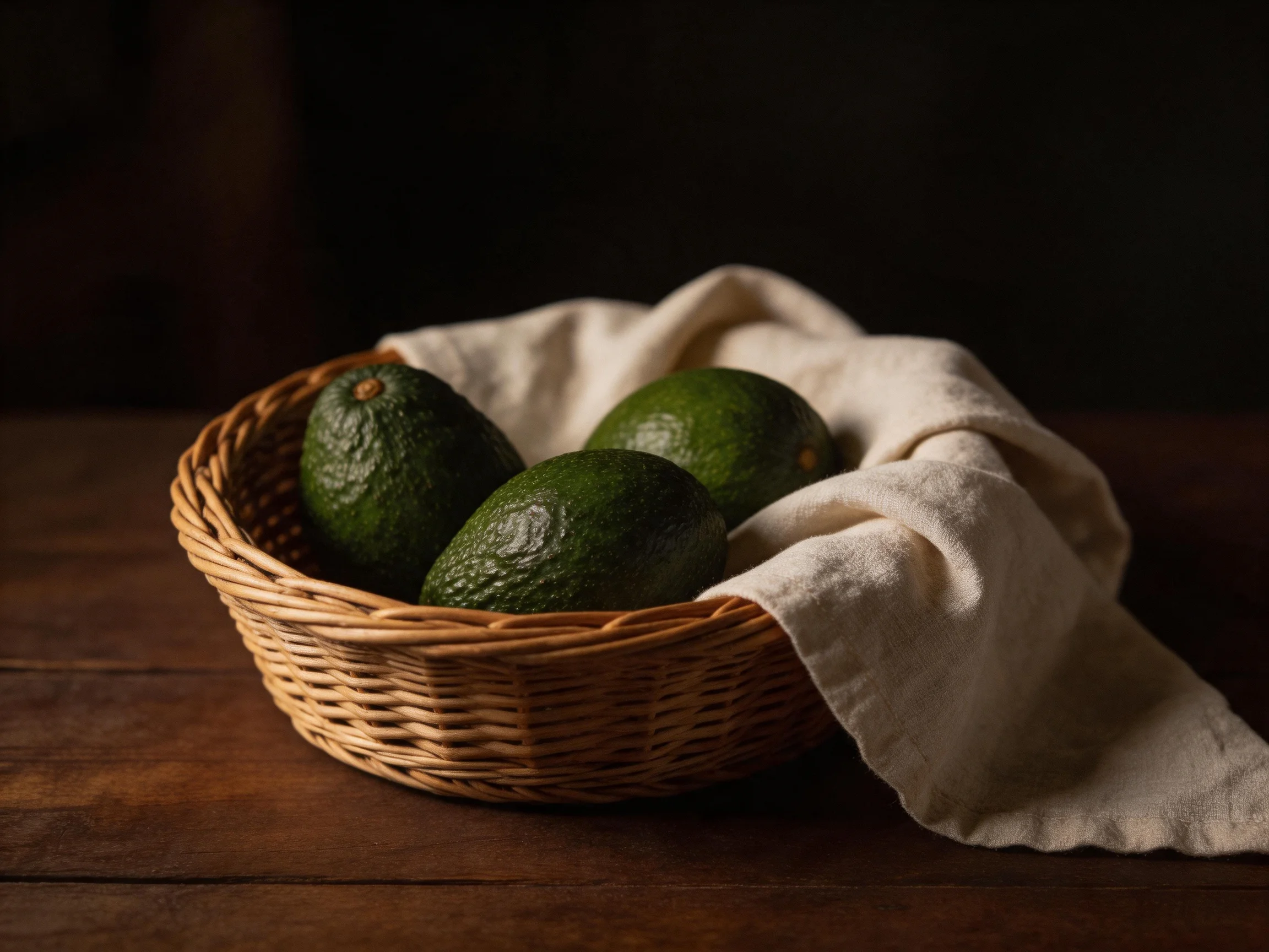 Three dark green avocados in a wicker basket with a beige cloth
