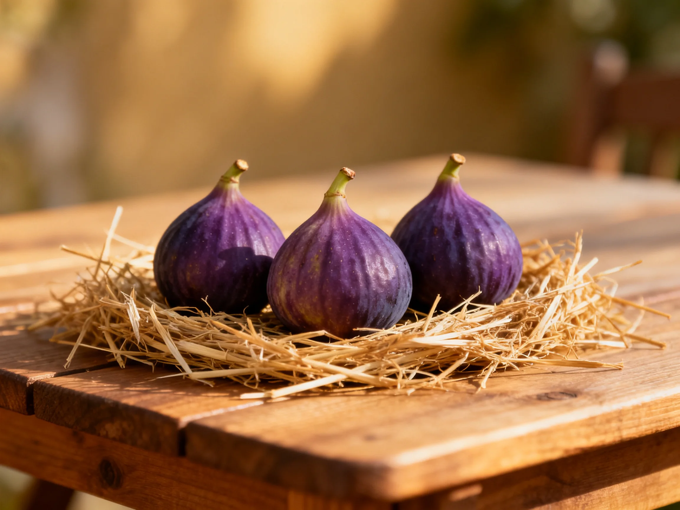 Three deep-purple figs rest on straw atop a wooden table
