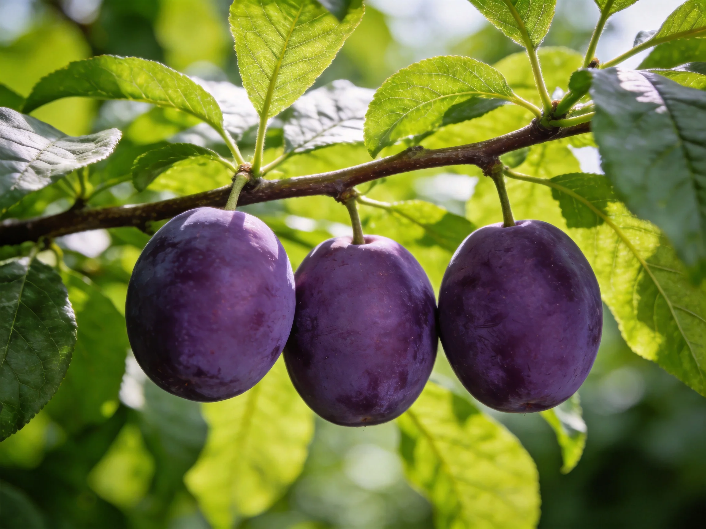 Three deep-purple plums hang from a branch amid vibrant green foliage