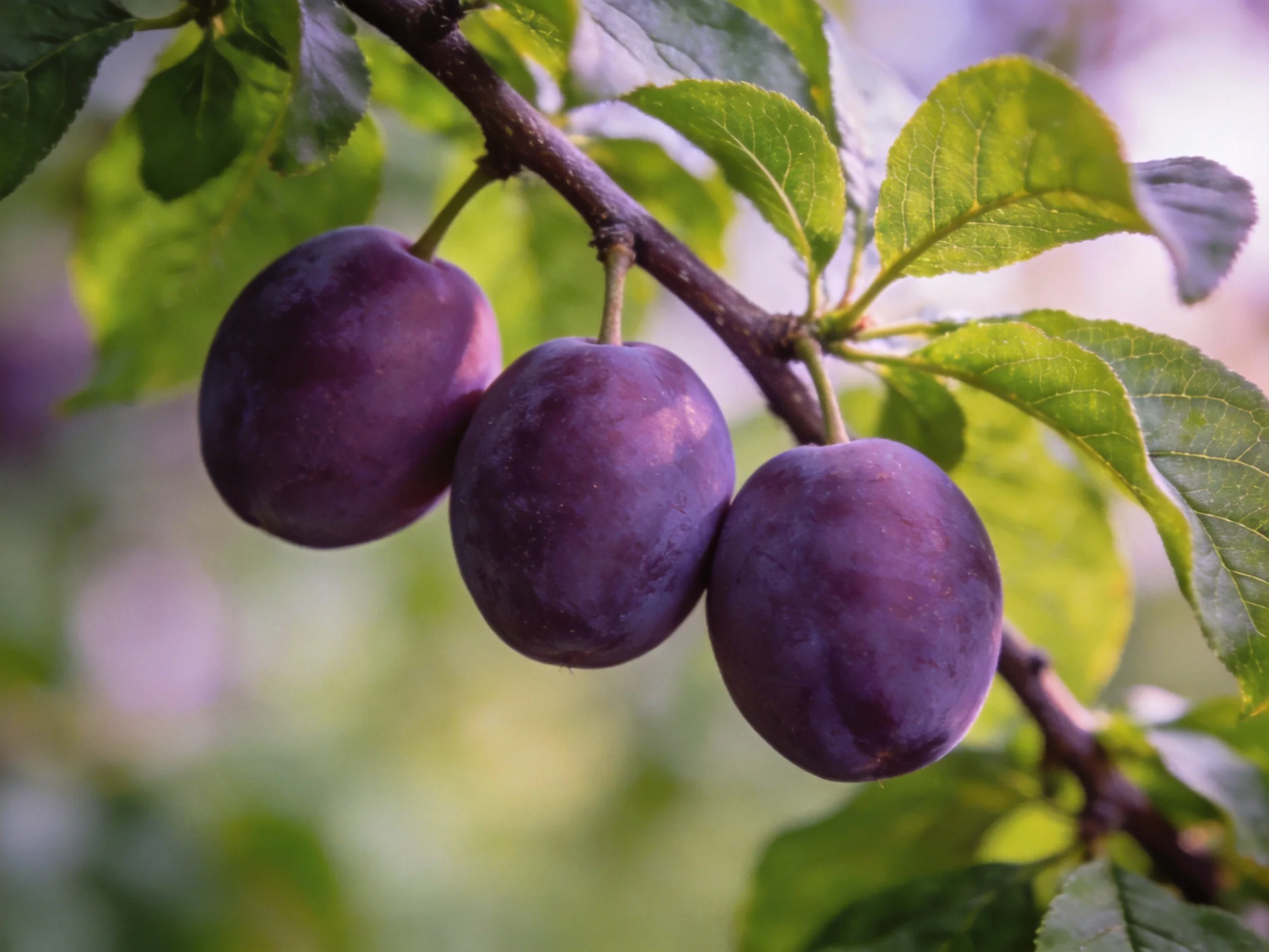 Three deep-purple plums hang from a tree branch amid lush green leaves