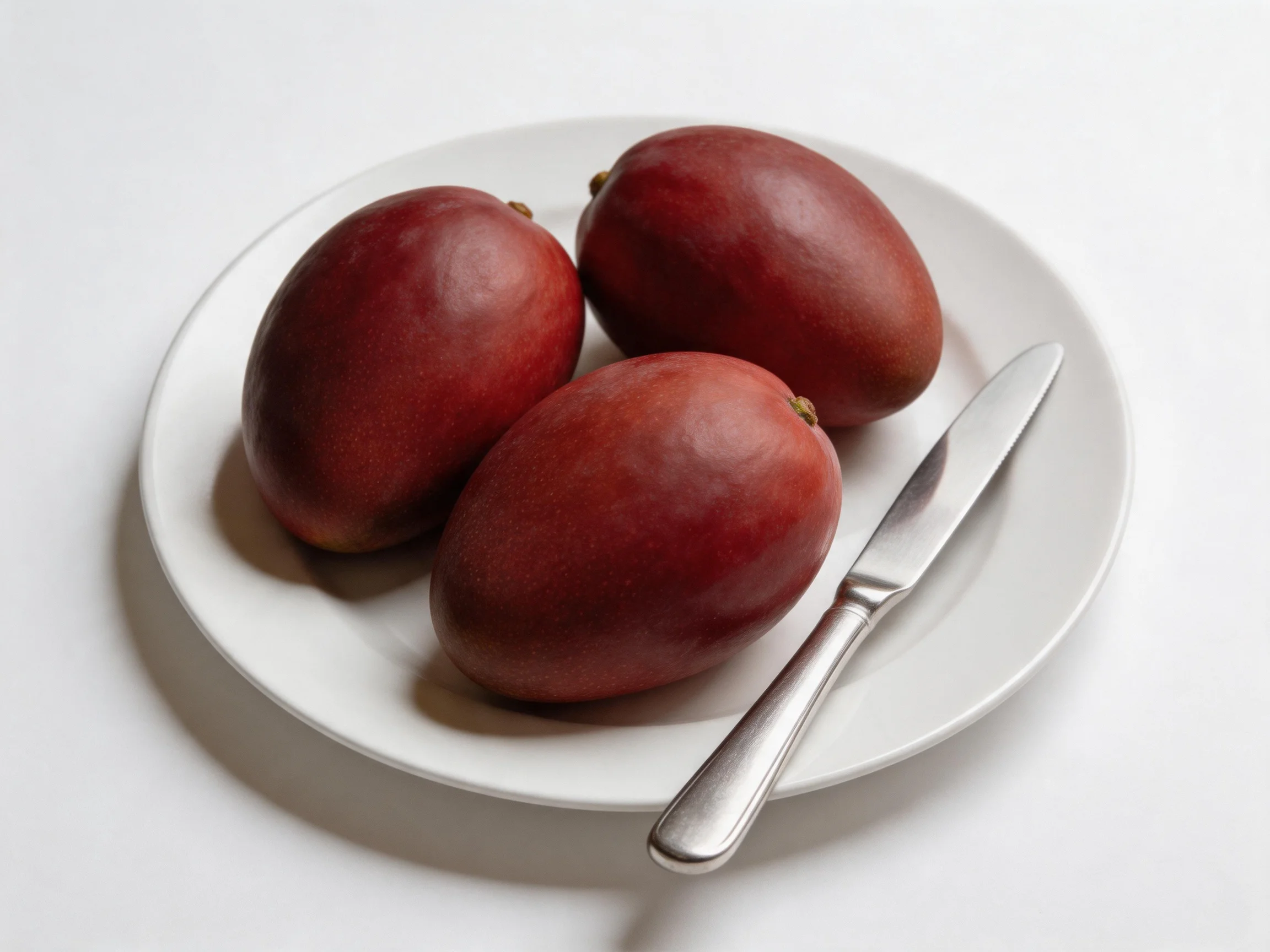 Three deep-red mangoes arranged on a white plate beside a silver knife