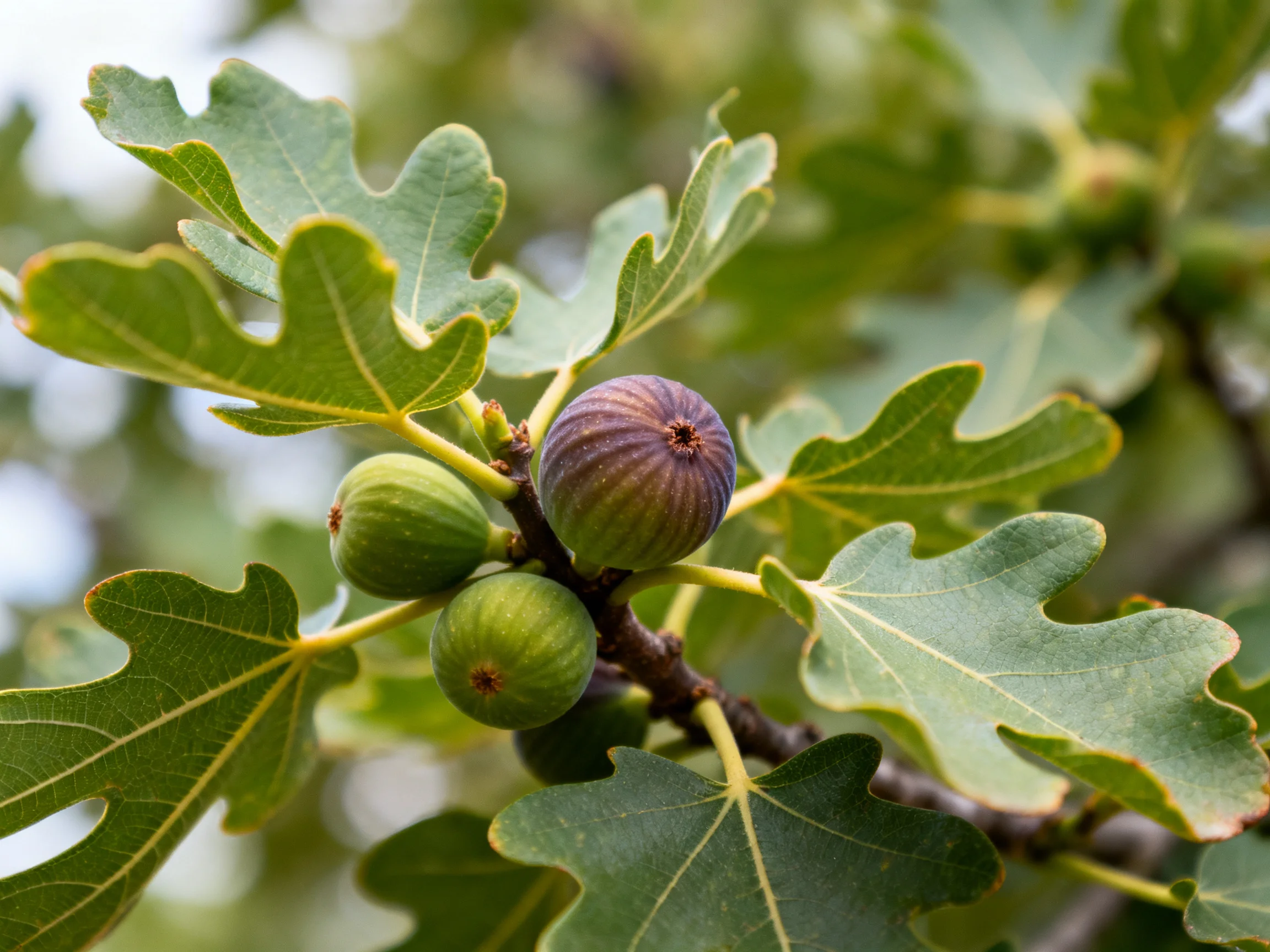 Three figs of varying colors grow among leaves on a fig tree.