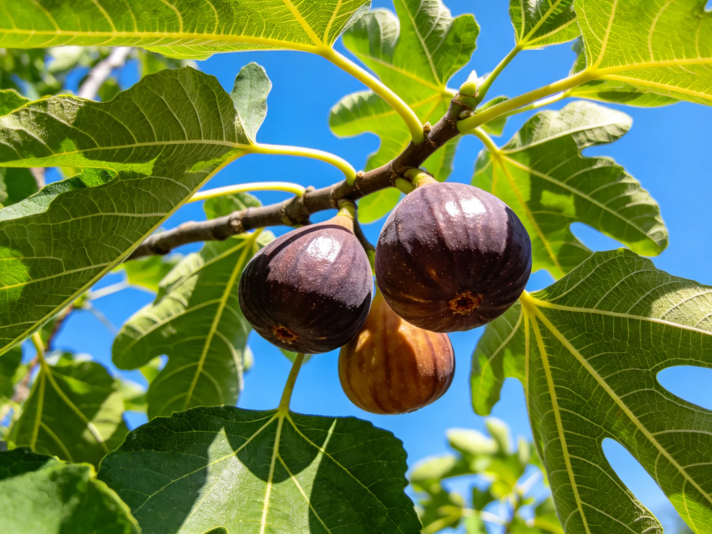Three figs in purple and brown hues grow on a fig tree with large green leaves