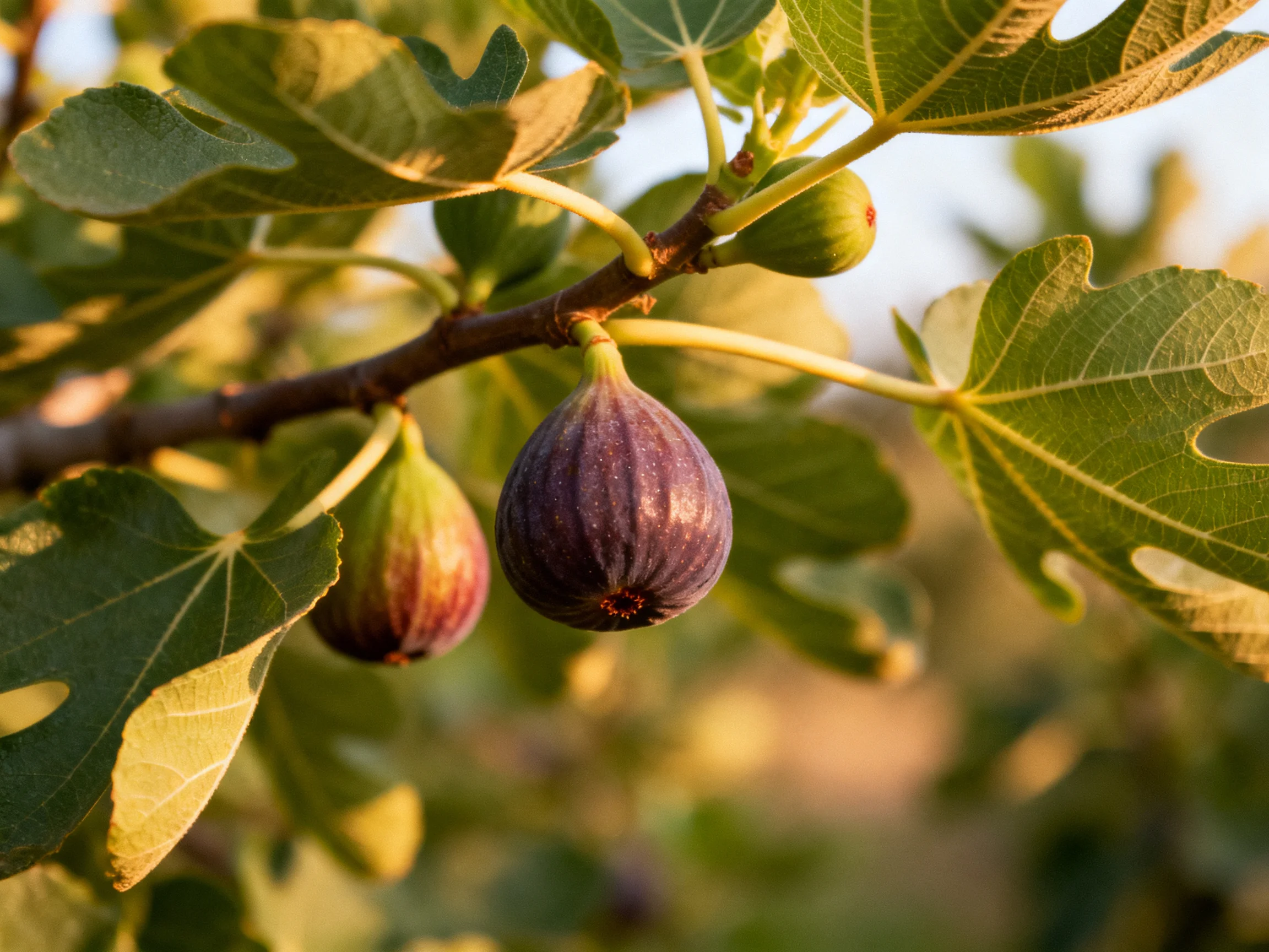 Three figs, in purple and green, grow on a fig tree with large leaves