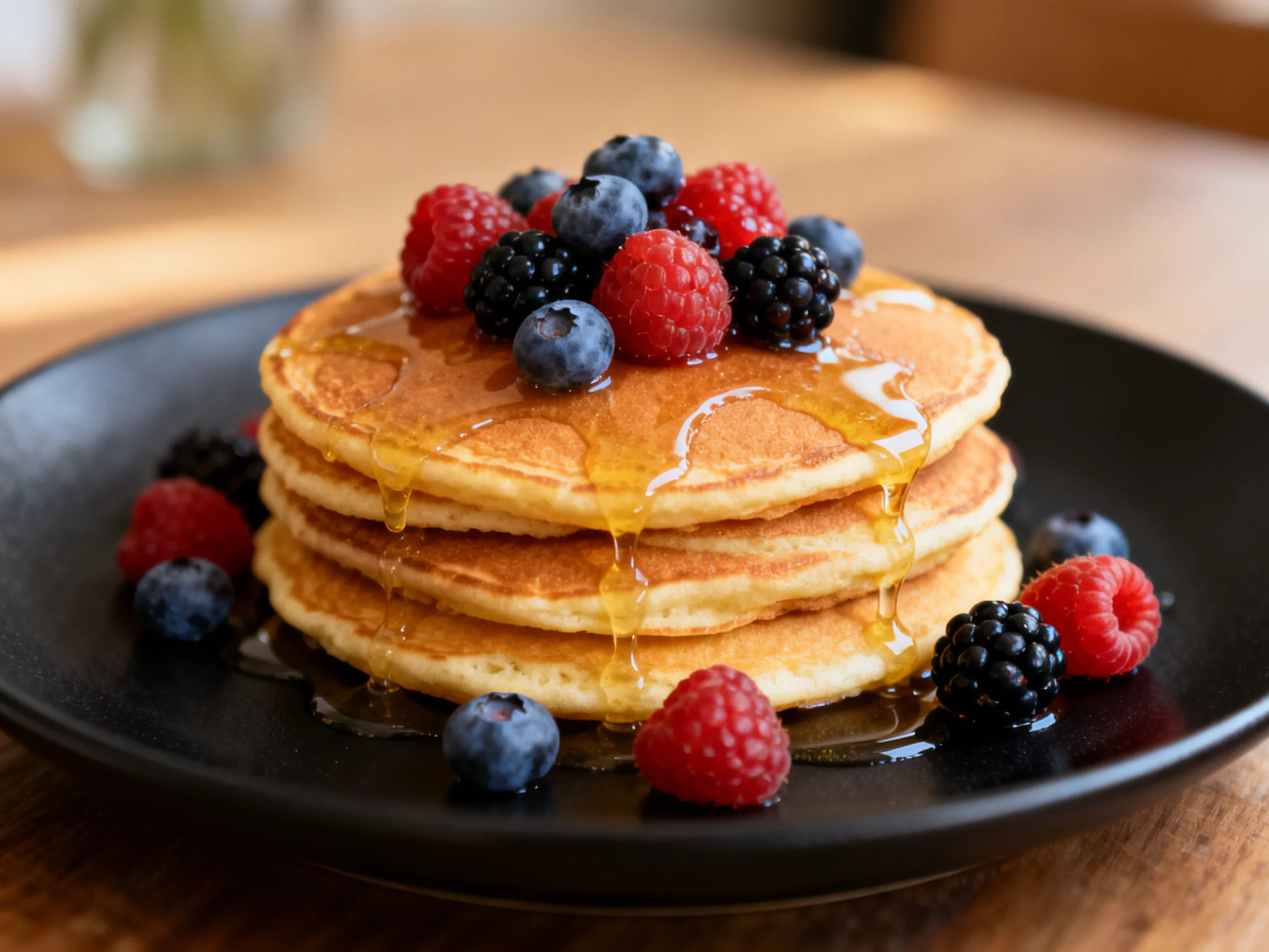 Three fluffy pancakes stacked with mixed berries and golden syrup